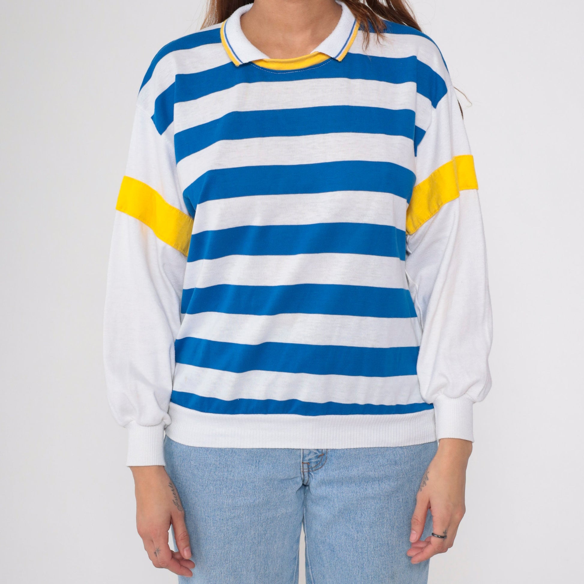 80s Blue White Striped Collared Shirt Yellow Trim Long Sleeve Medium