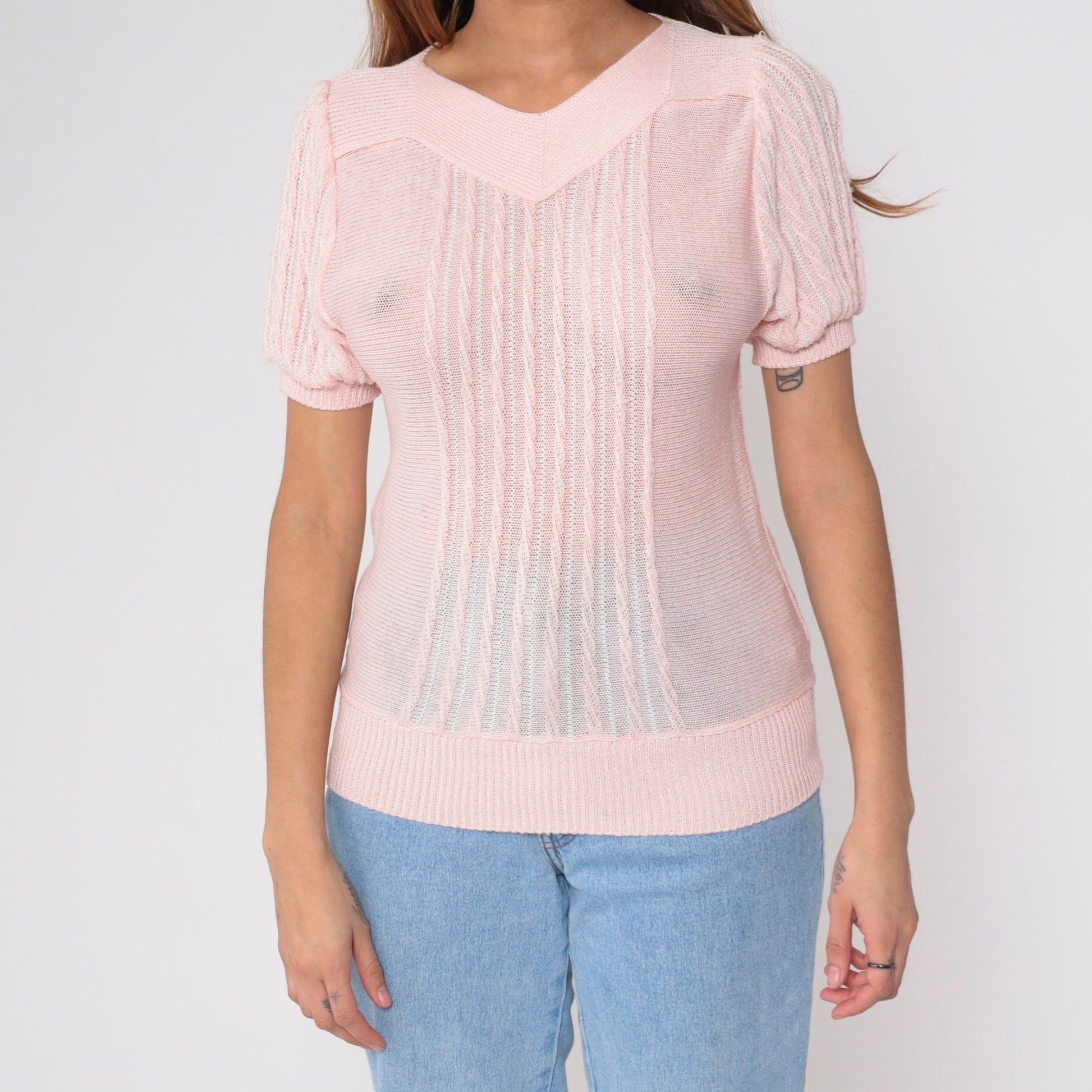 80s Baby Pink Knit Top Puff Sleeve Textured Stripe Extra Small