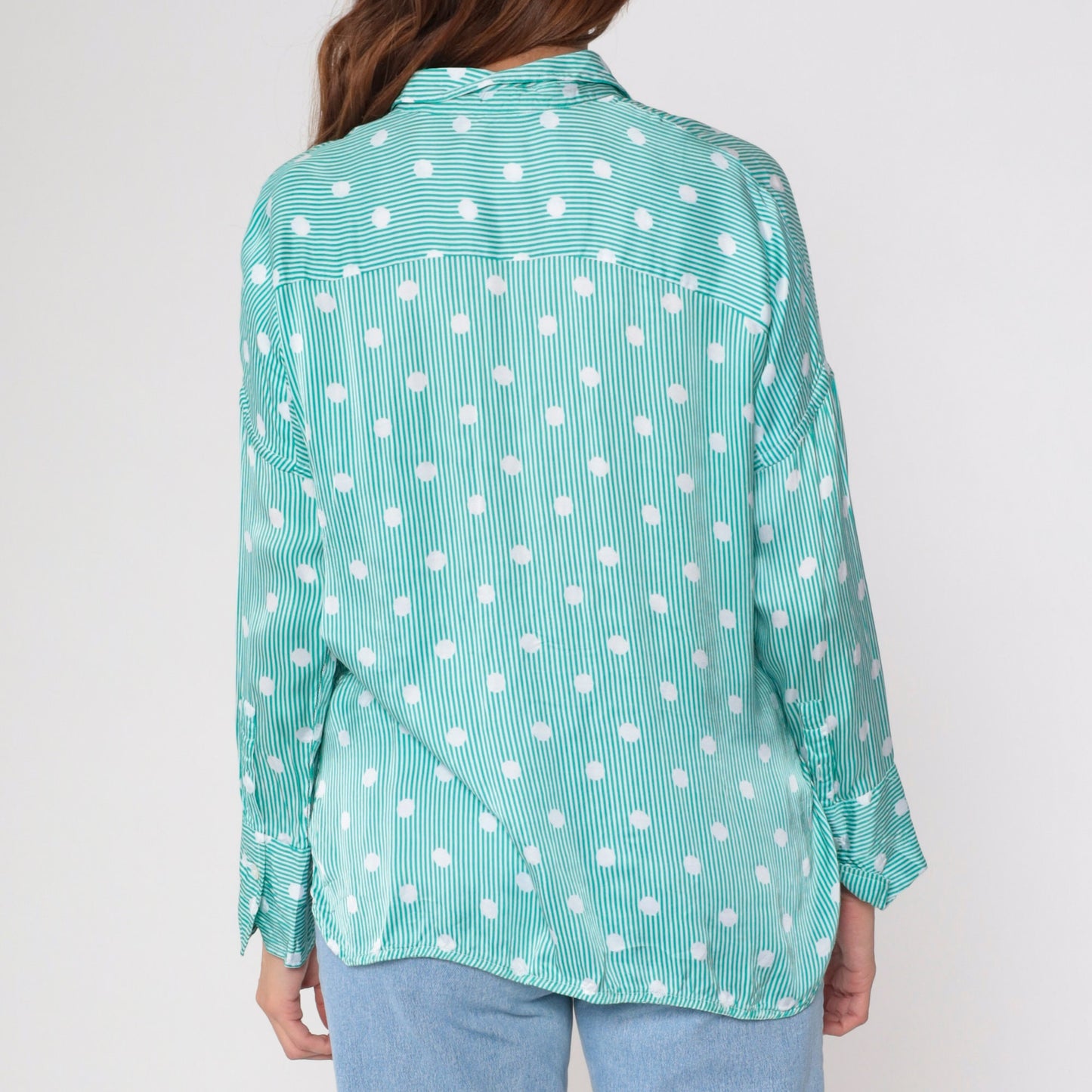 90s Fil Noir Green White Polka Dot Striped Button Up Blouse Long Sleeve Small