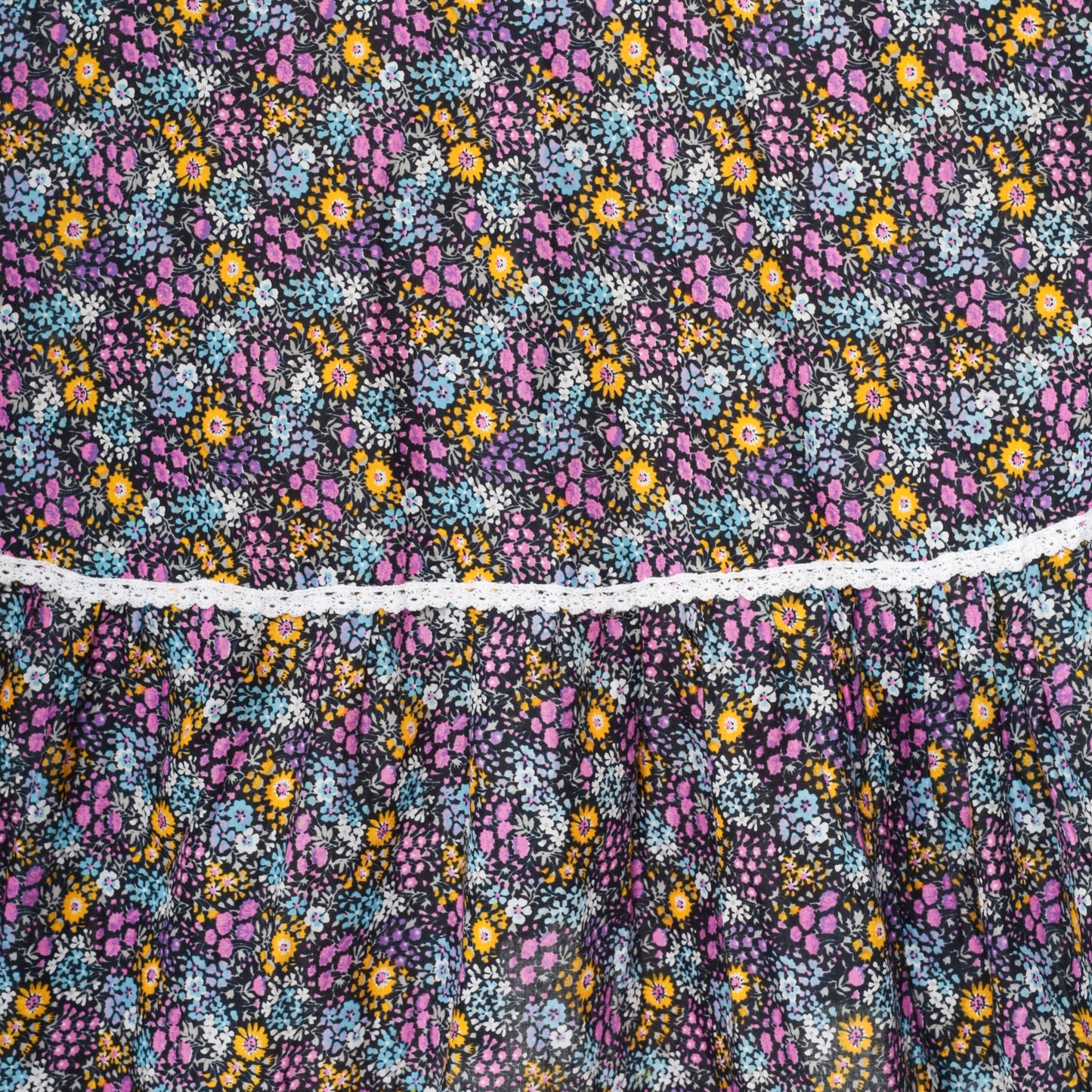 70s Calico Floral Maxi Dress Lace-Up Puff Sleeve Prairie Ankle Length XS