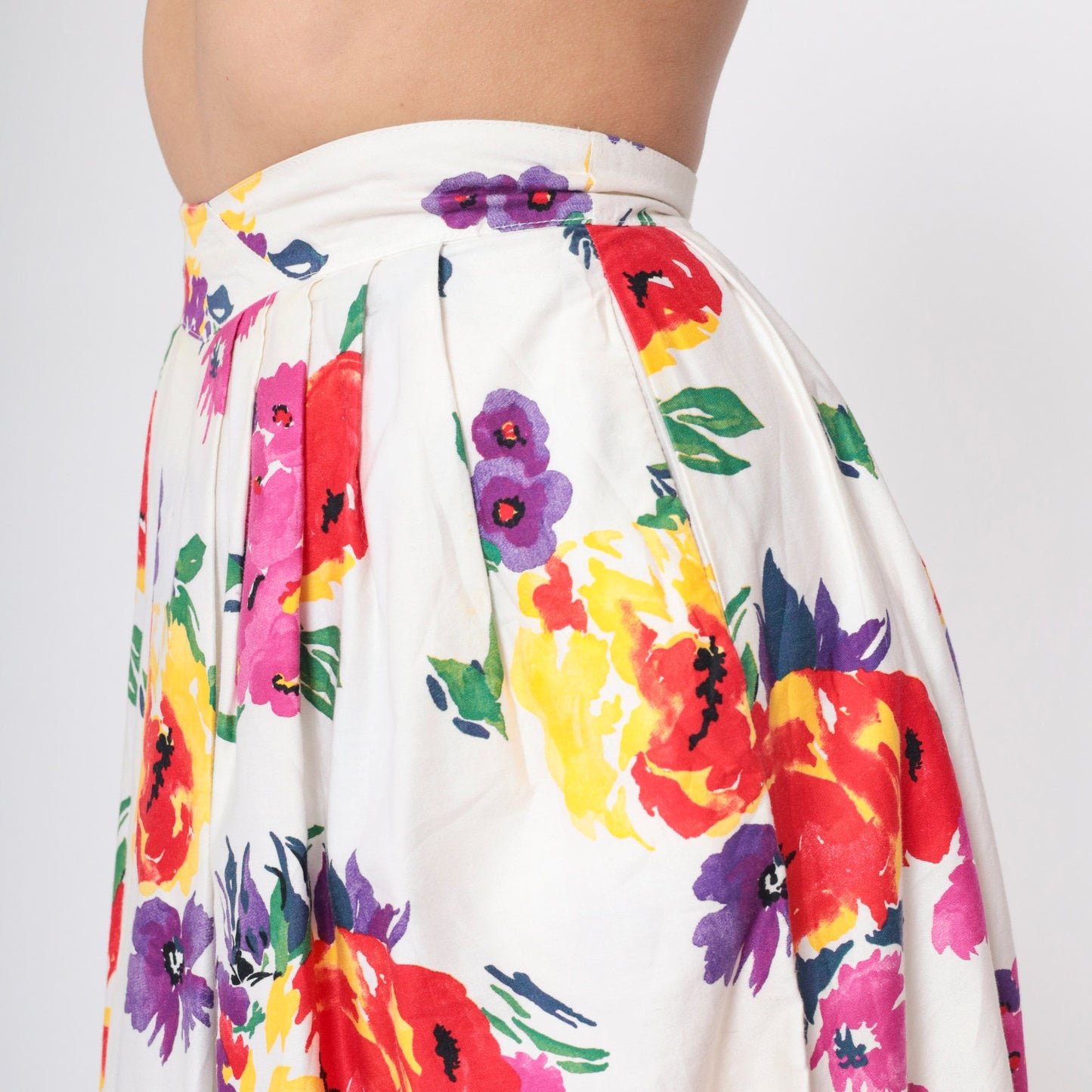 90s Worthington White Floral Pleated Midi Skirt High Waist Pockets Small