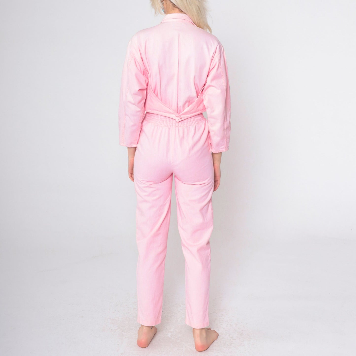 80s Baby Pink Cotton Jumpsuit Studded Vest Long Sleeve Smocked Waist XXS