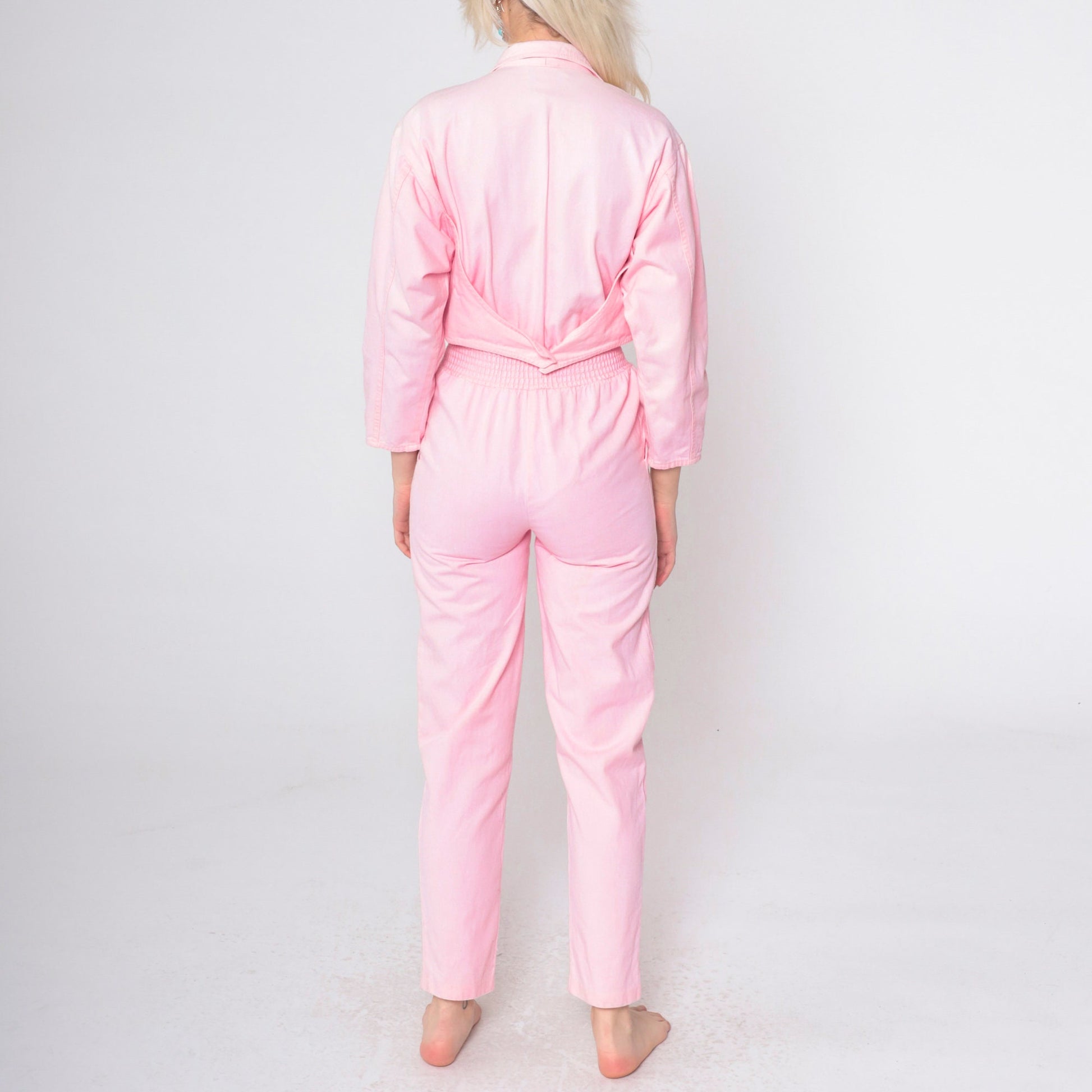 80s Baby Pink Cotton Jumpsuit Studded Vest Long Sleeve Smocked Waist XXS