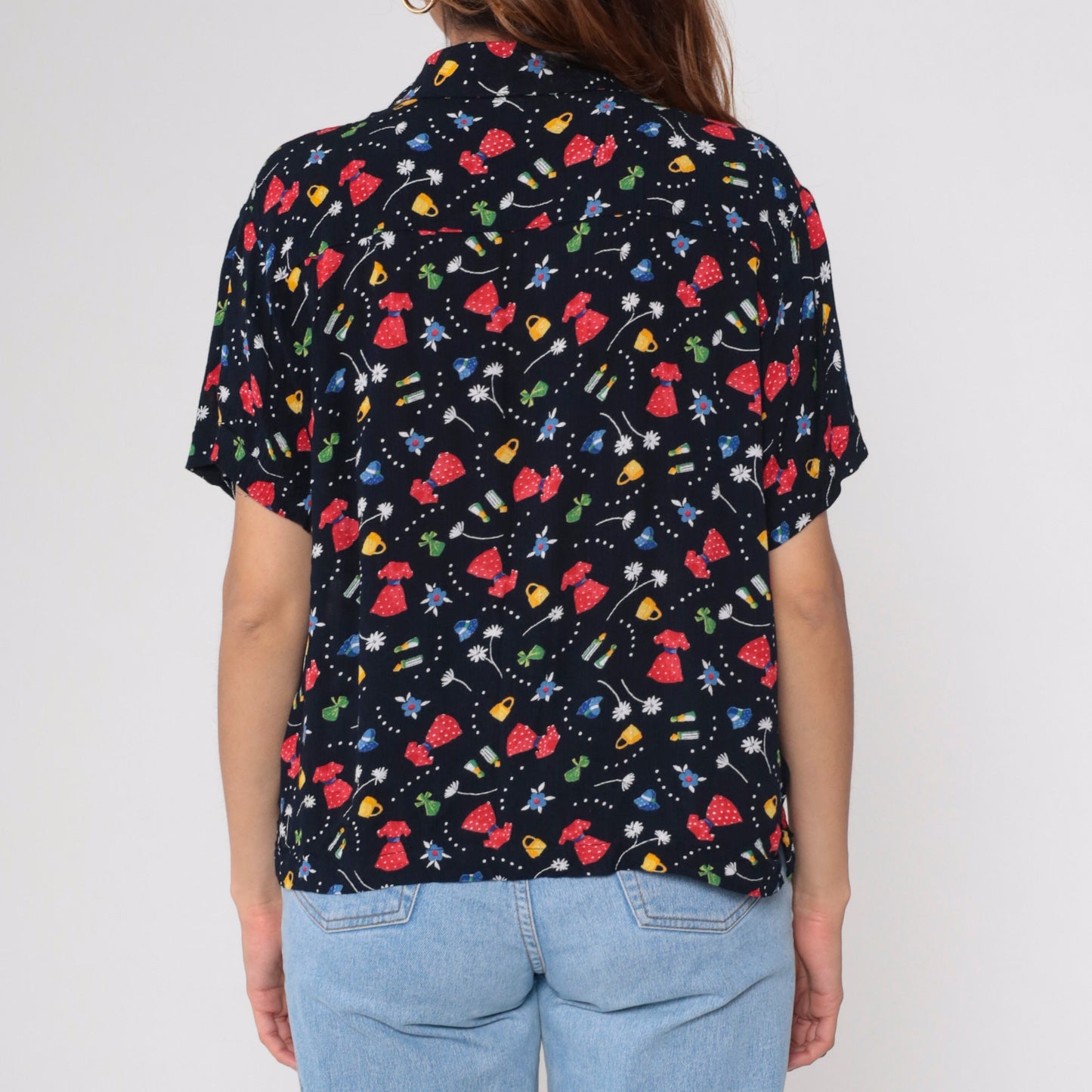 90s Fashion Print Black Button-Up Blouse Floral Purse Dress Graphic Medium Large