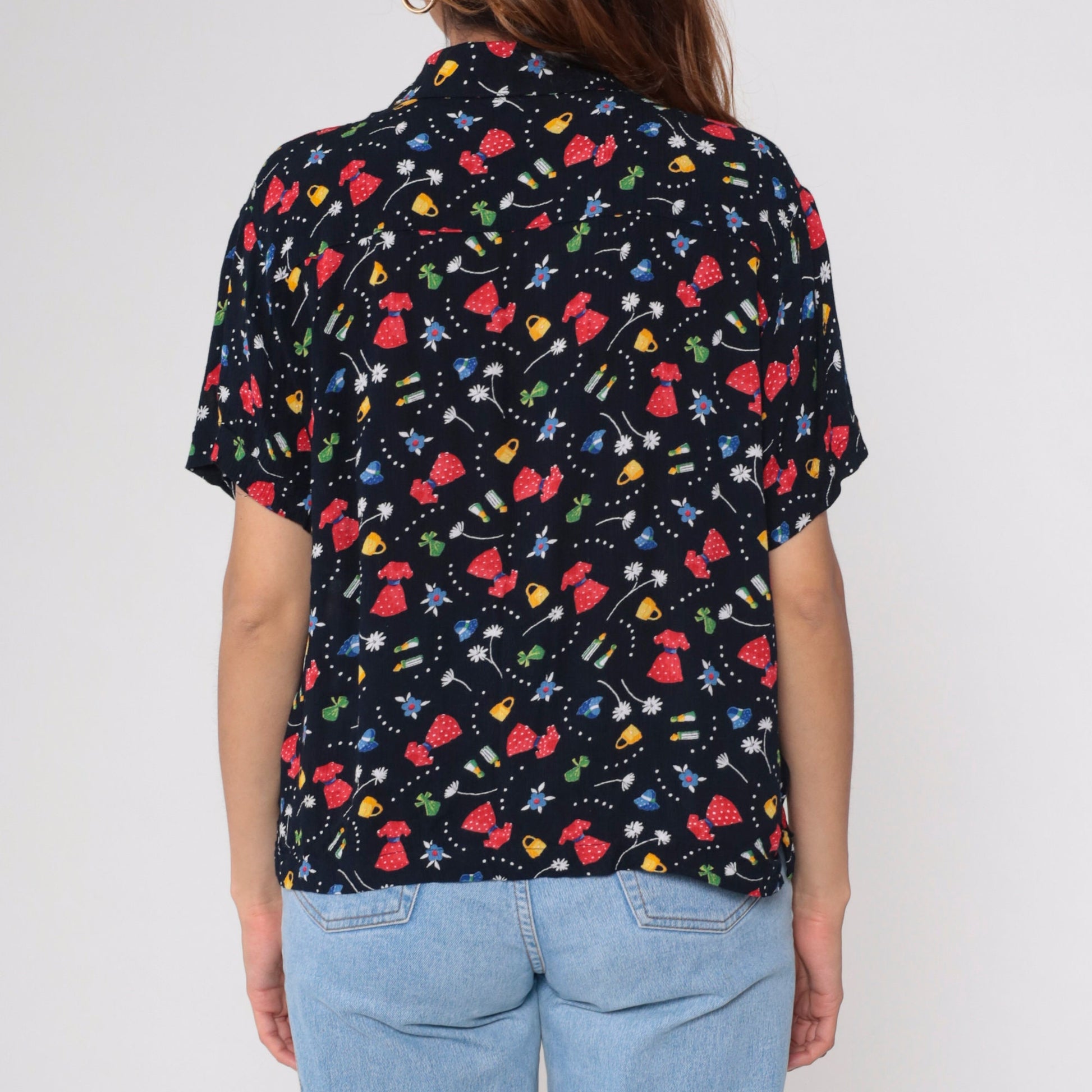 90s Fashion Print Black Button-Up Blouse Floral Purse Dress Graphic Medium Large