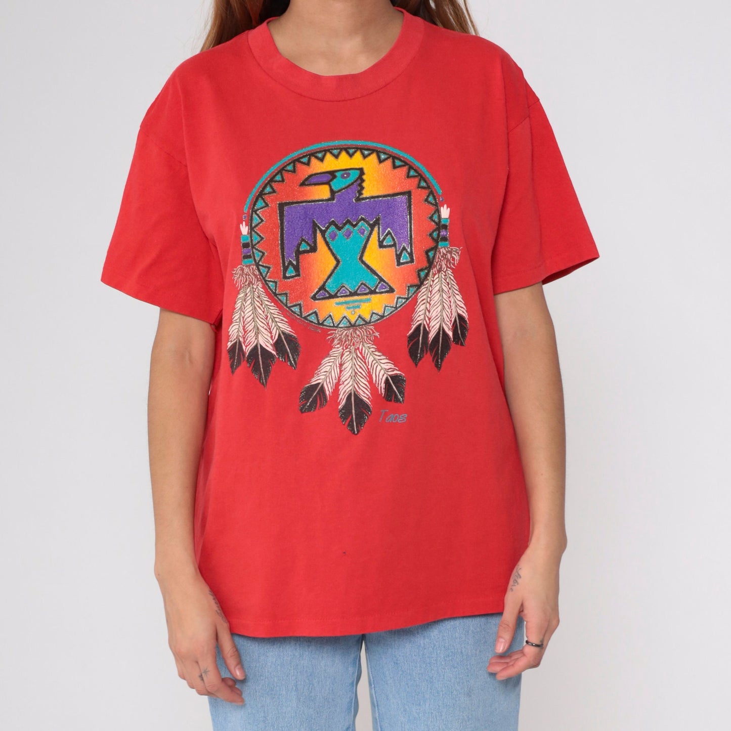 90s Taos New Mexico Eagle Graphic Tee Red Glitter Native American Large L