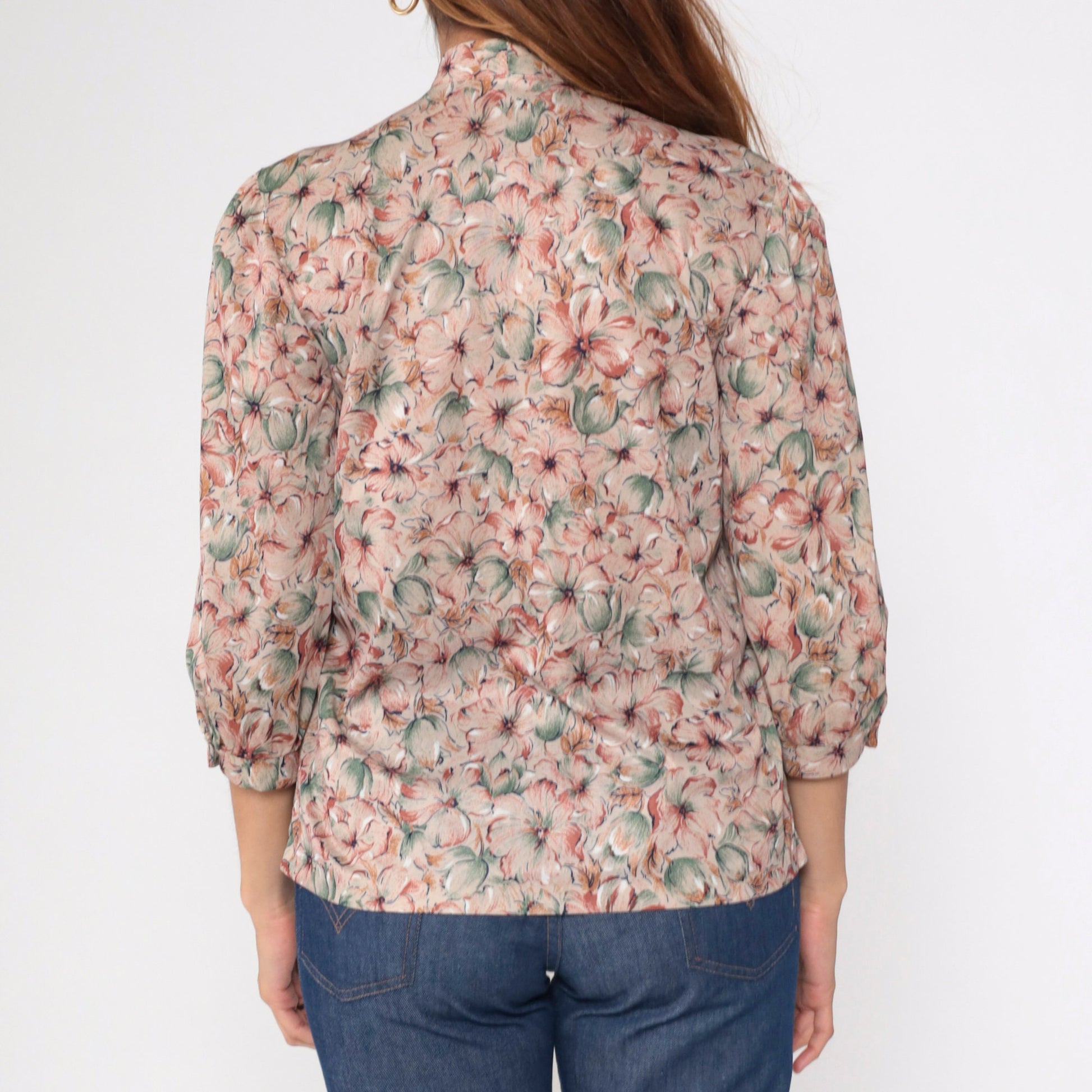 70s Floral Ascot Blouse with 3/4 Puff Sleeves Button-Up Medium