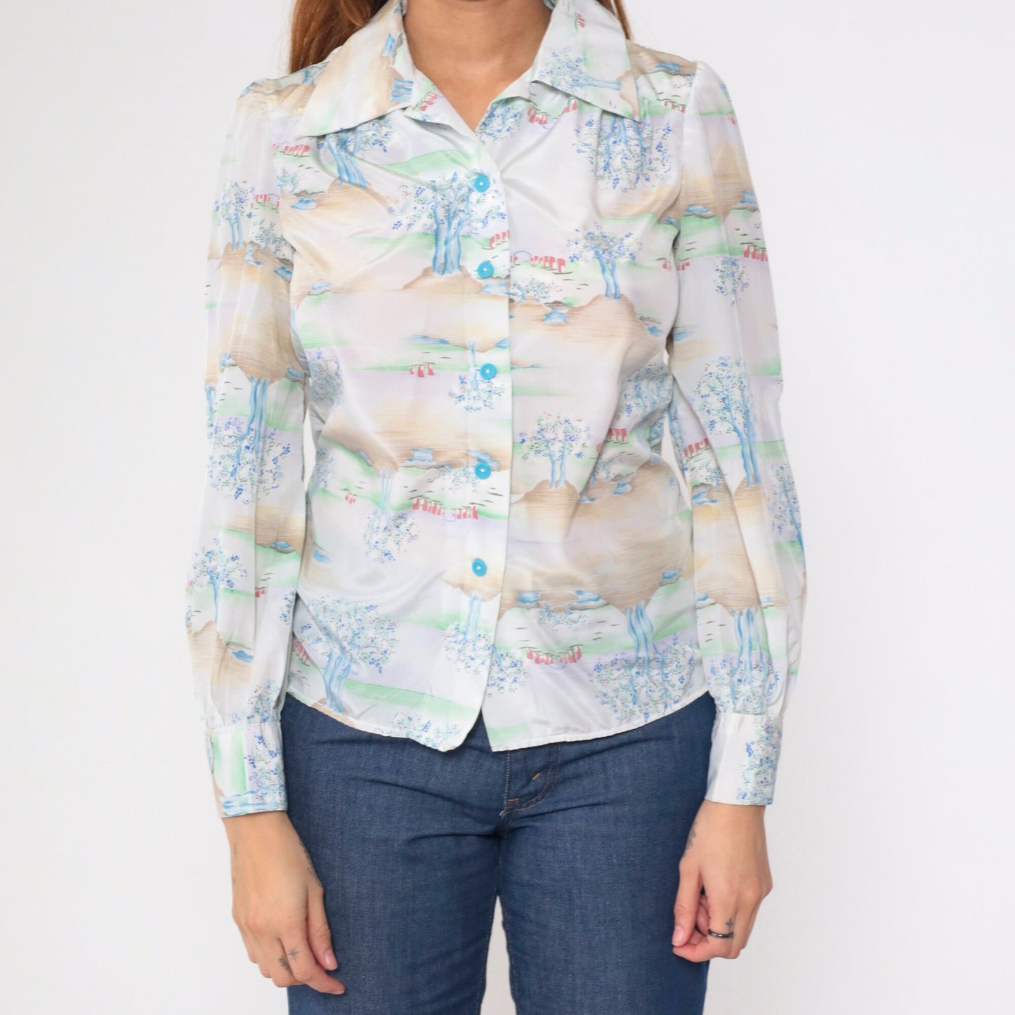 70s Tree Print Button-Up Blouse Long Sleeve Collared Psychedelic Forest Shirt Small