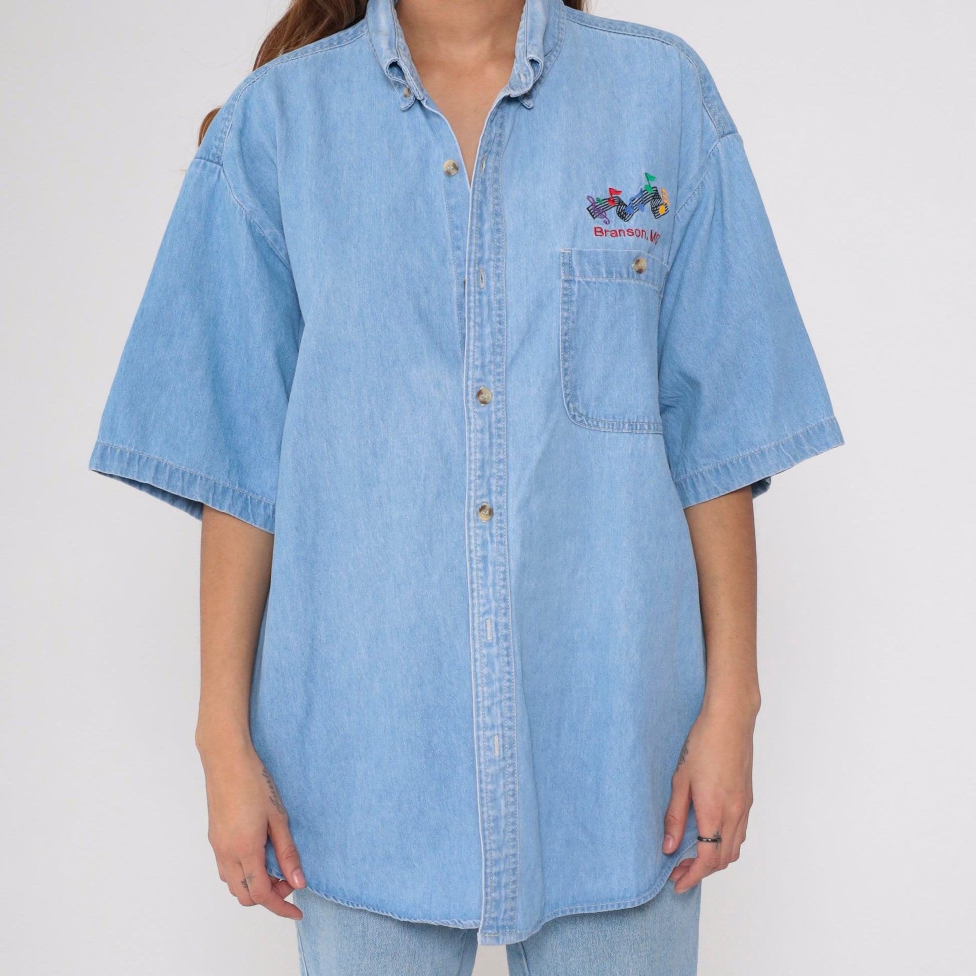 90s Branson Missouri Denim Shirt Music Note Blue Jean Button Up Extra Large