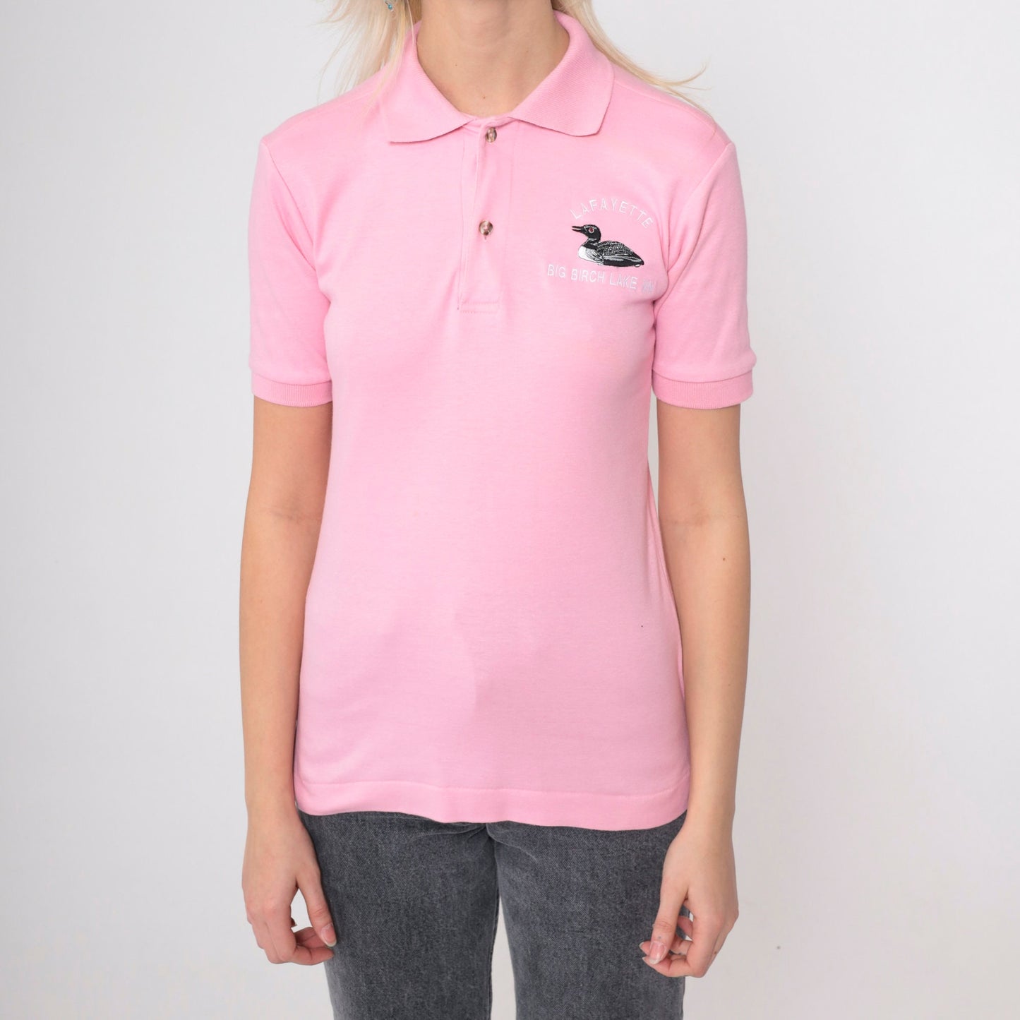80s King Louie Loon Polo Shirt Lafayette Big Birch Lake Minnesota Baby Pink Extra Small