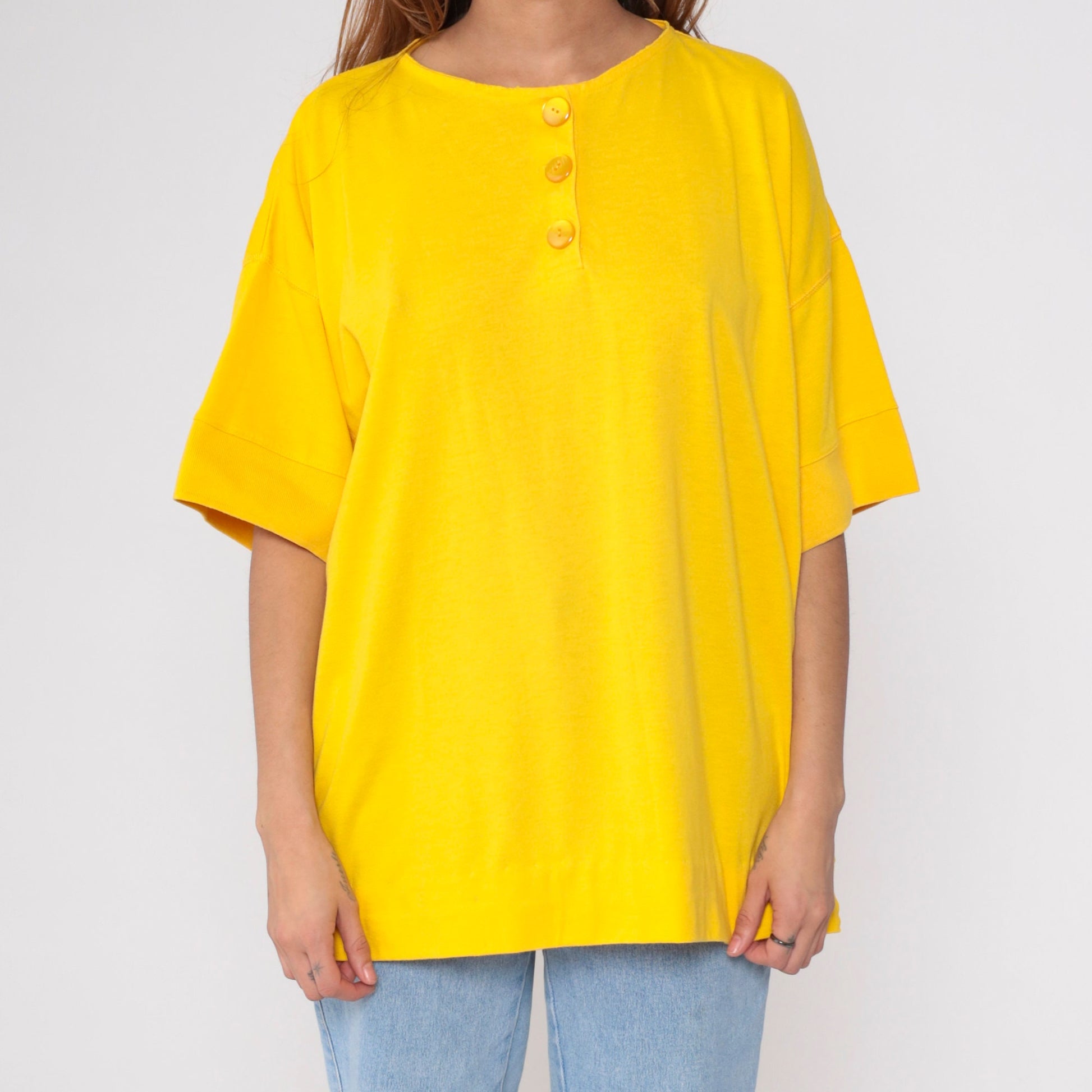 80s Yellow Henley Shirt Short Sleeve Button Up Cotton Blend Plus Size XXL
