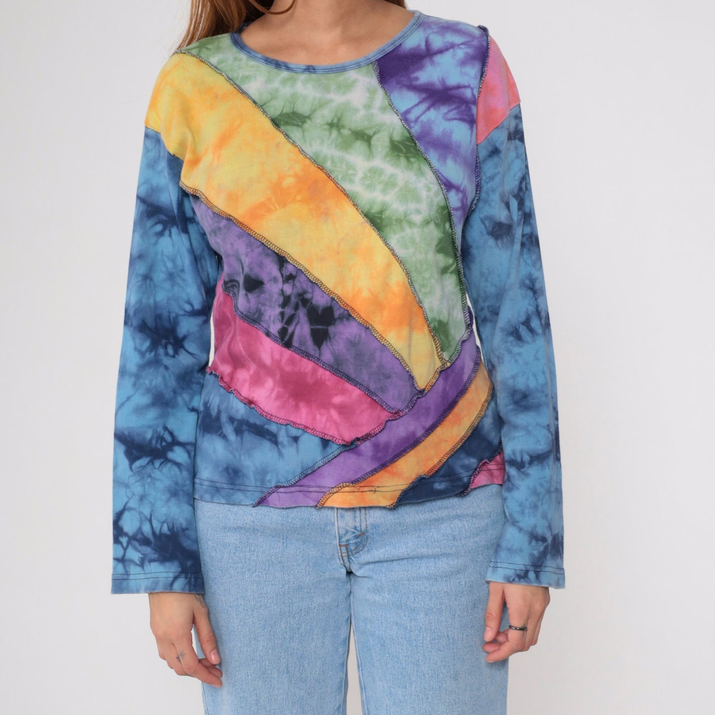 00s Tie Dye Panel Long Sleeve T Shirt Blue Green Yellow Purple Cotton Medium
