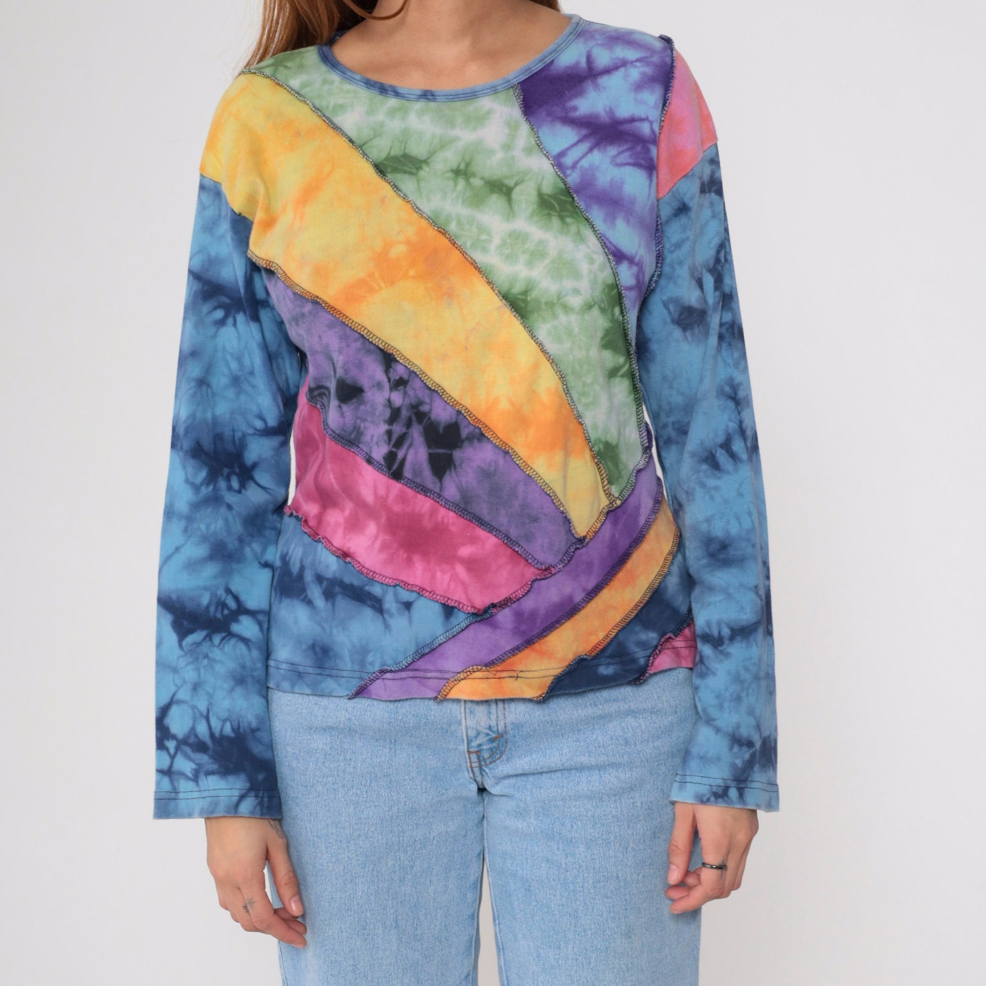 00s Tie Dye Panel Long Sleeve T Shirt Blue Green Yellow Purple Cotton Medium