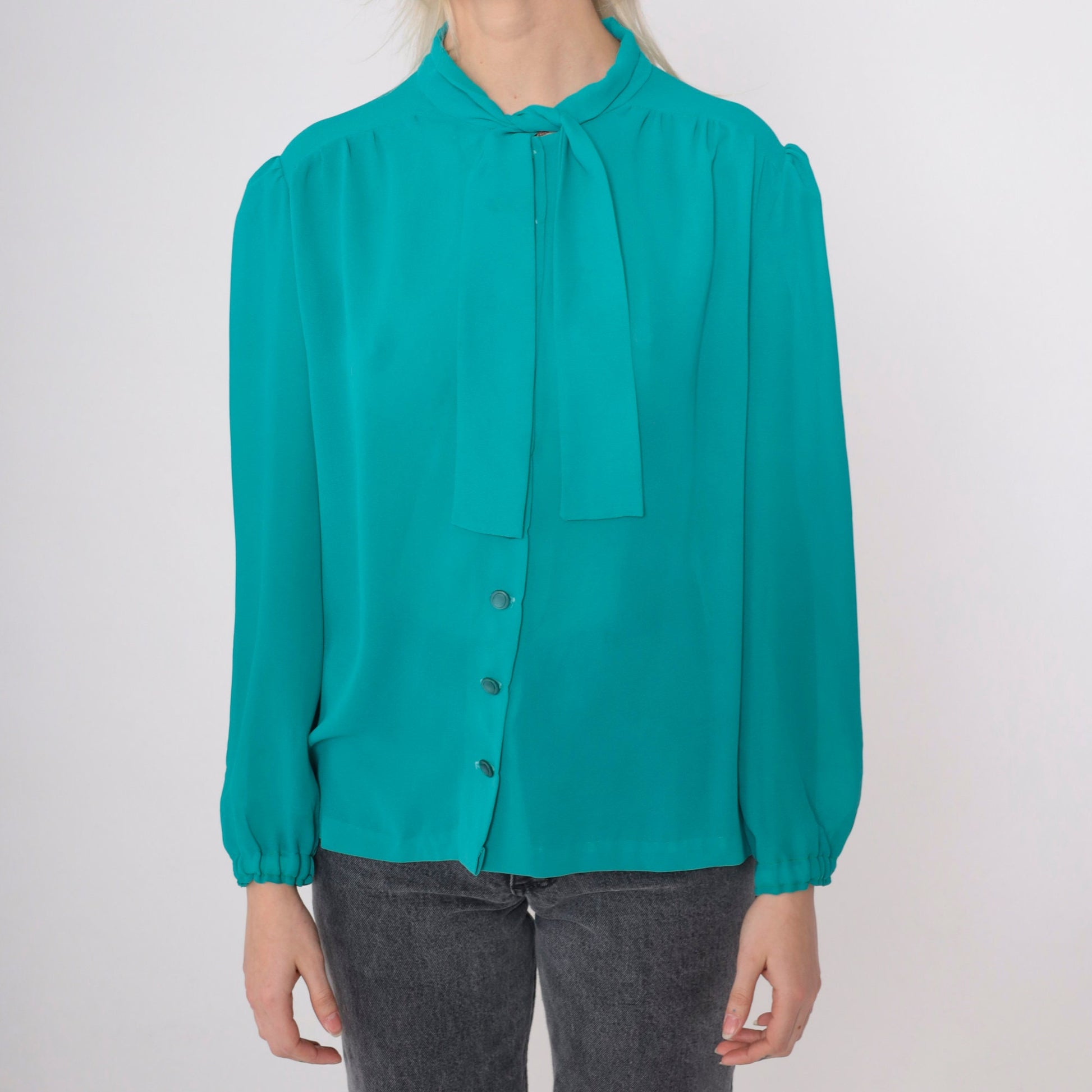 80s Teal Chiffon Blouse Puff Sleeve Ascot Bow Button-Up Large