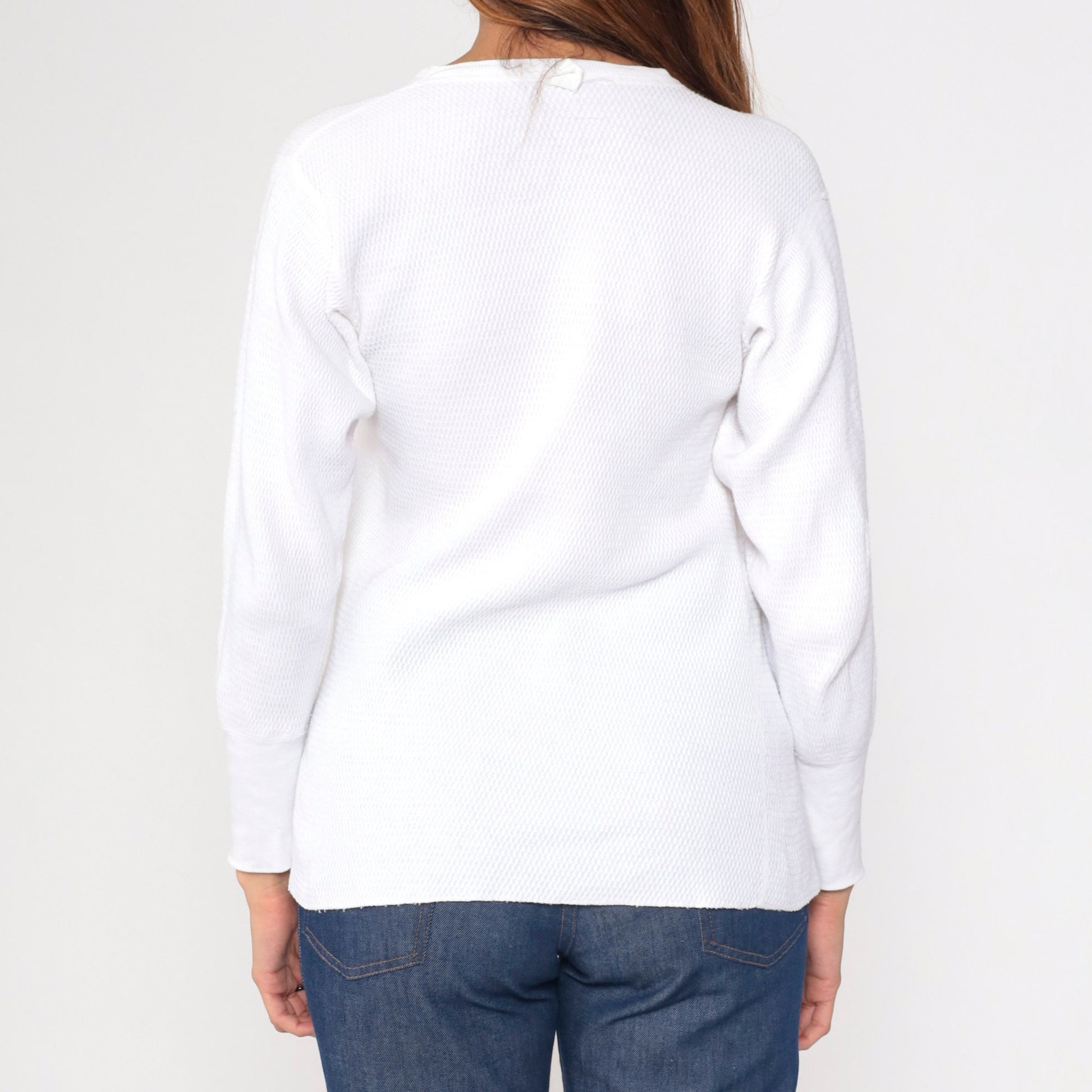 80s White Thermal Waffle Knit Long Sleeve Undershirt Small