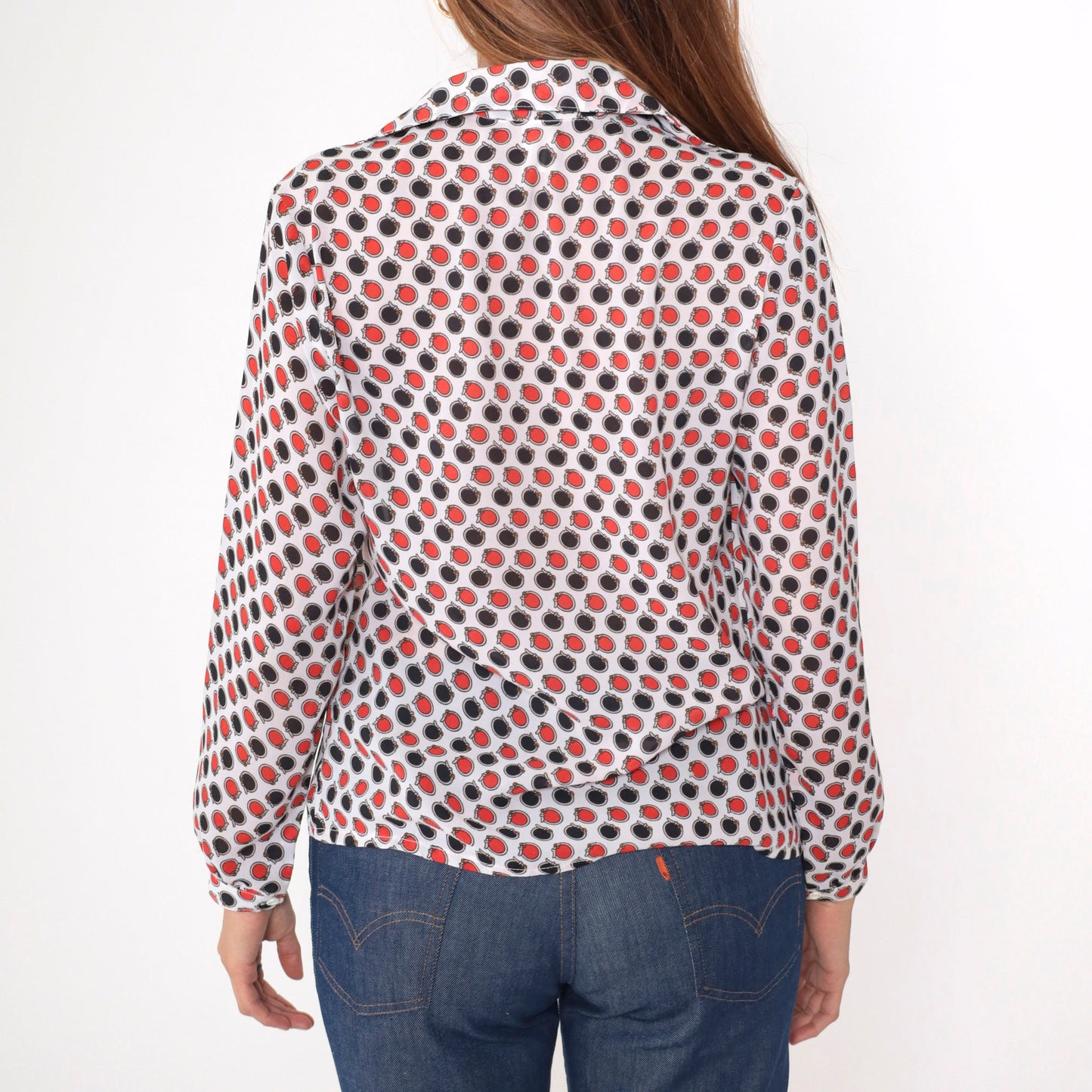 70s Circle Belt Print Button-Up Blouse Polka Dot Red Black White Medium