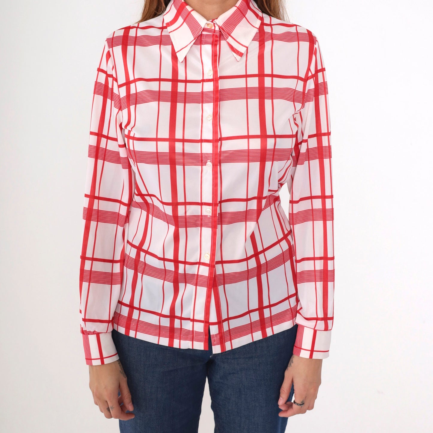 70s Jack Winter Plaid Button-Up Blouse Red White Dagger Collar Medium