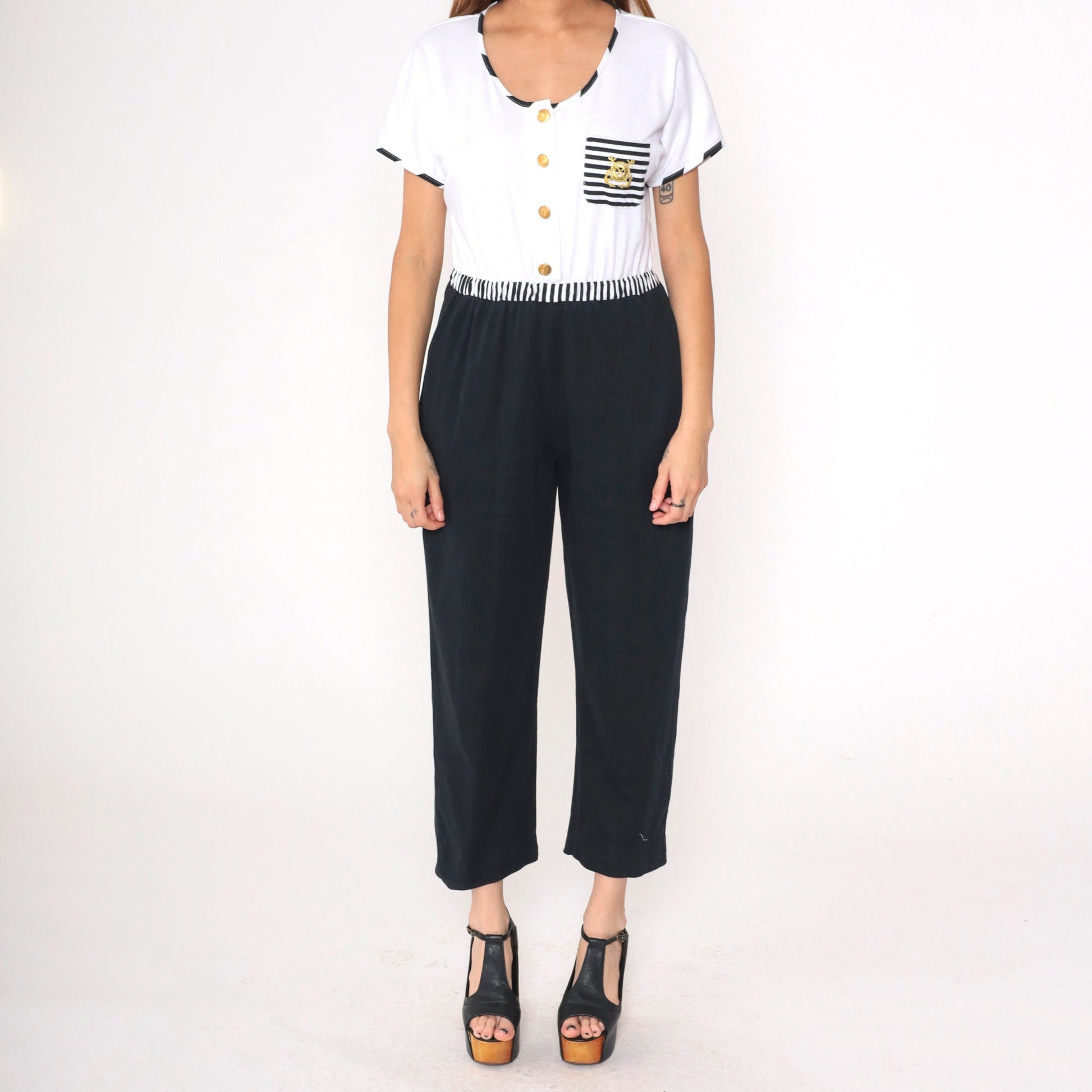 80s Dotti Nautical Jumpsuit Black White Striped Anchor Embroidered Medium