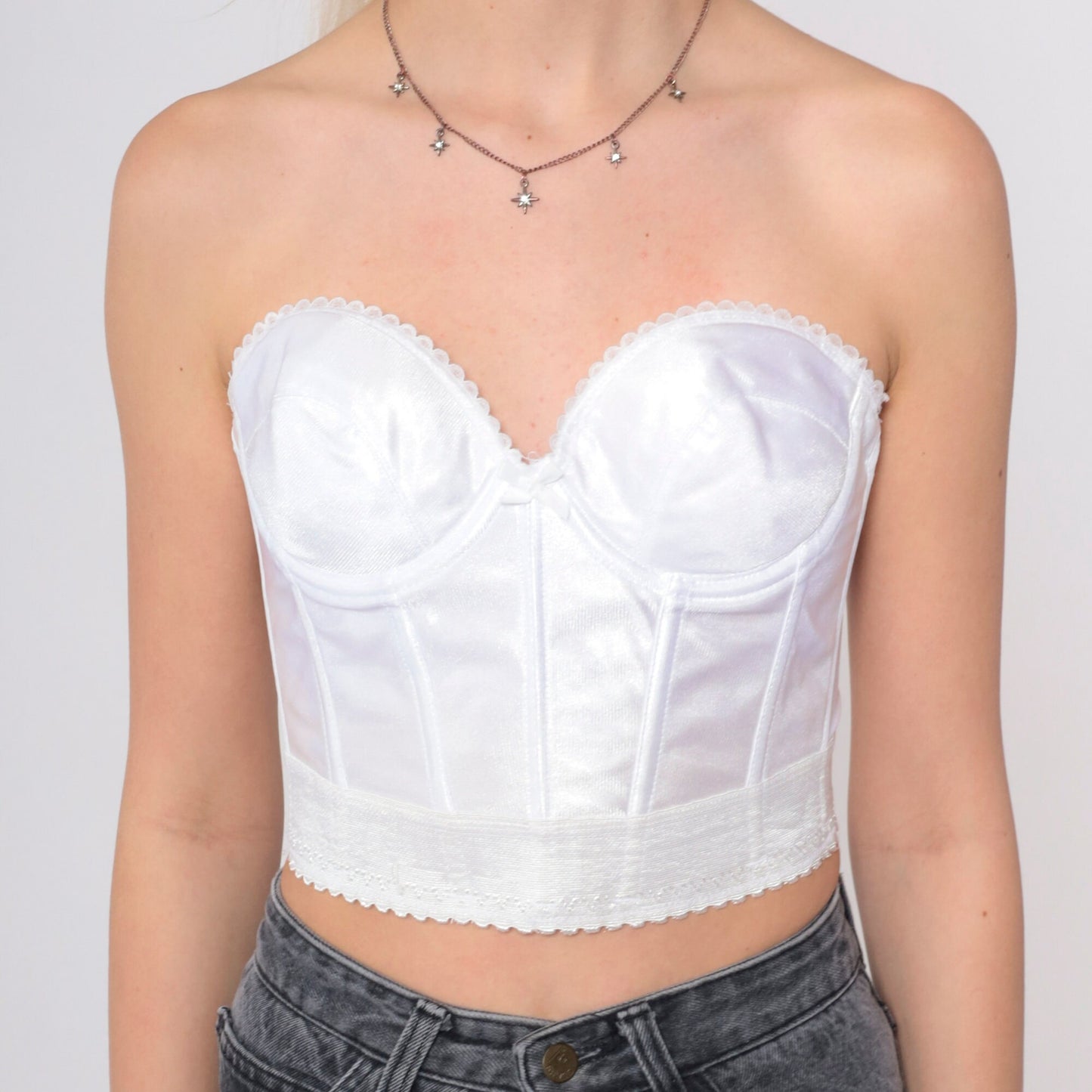 90s White Bustier Strapless Underwire Sweetheart Neckline Crop Top 36A