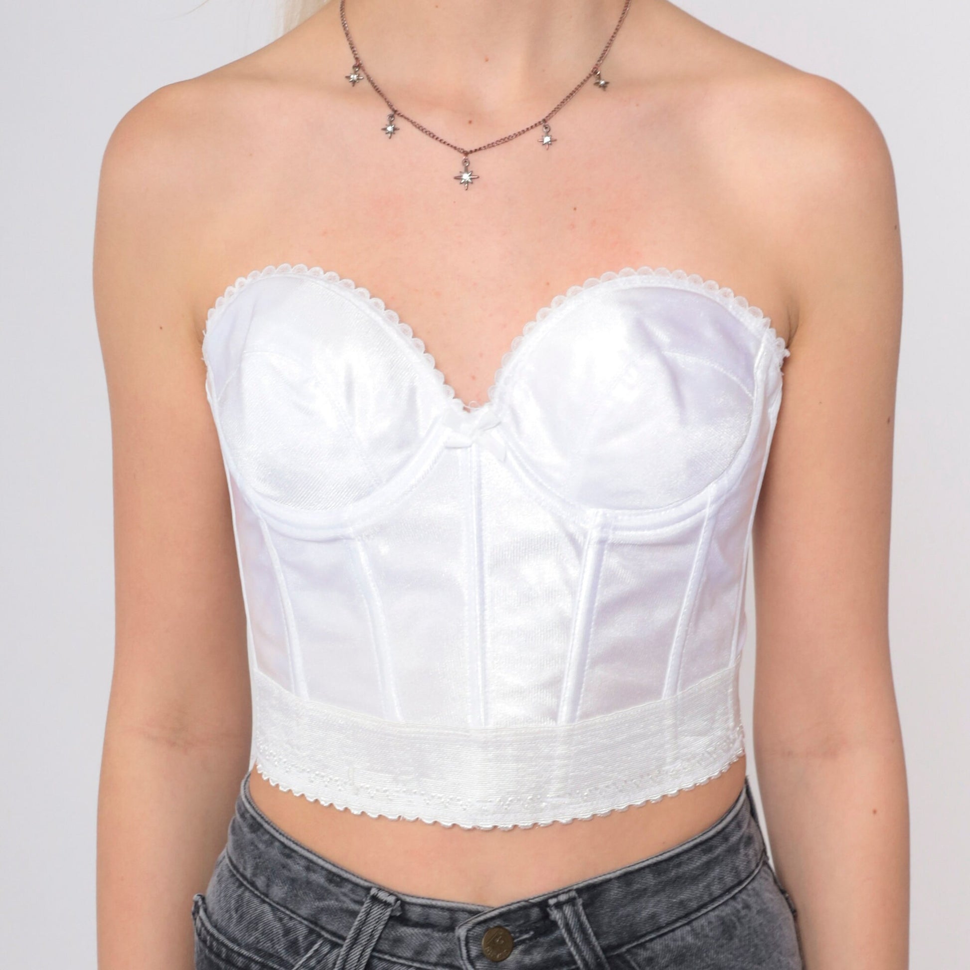 90s White Bustier Strapless Underwire Sweetheart Neckline Crop Top 36A