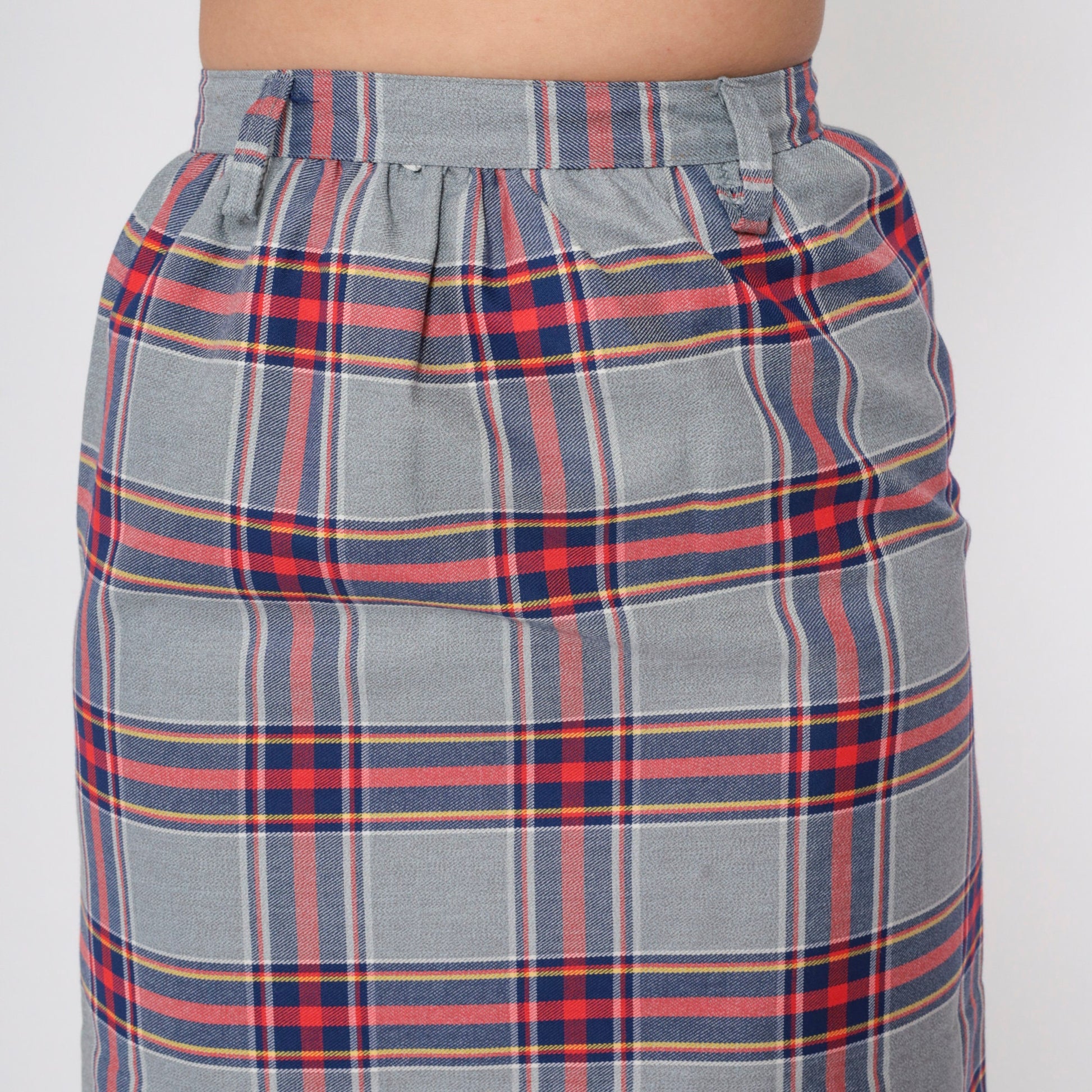 70s Grey Plaid Mini Skirt High Waist Straight Tartan Small