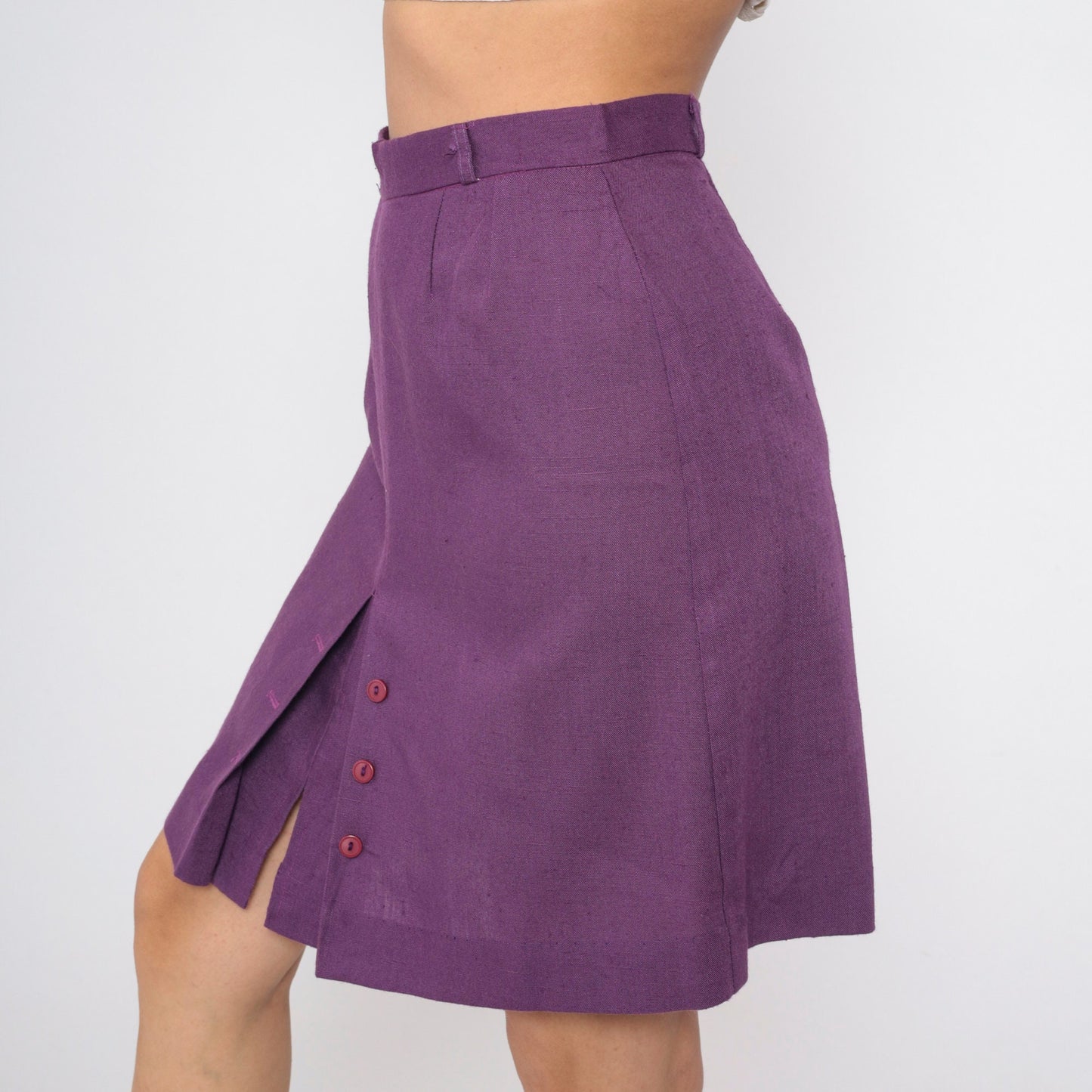 80s Purple Pencil Skirt High Waist Pleated Button Front Mini Medium