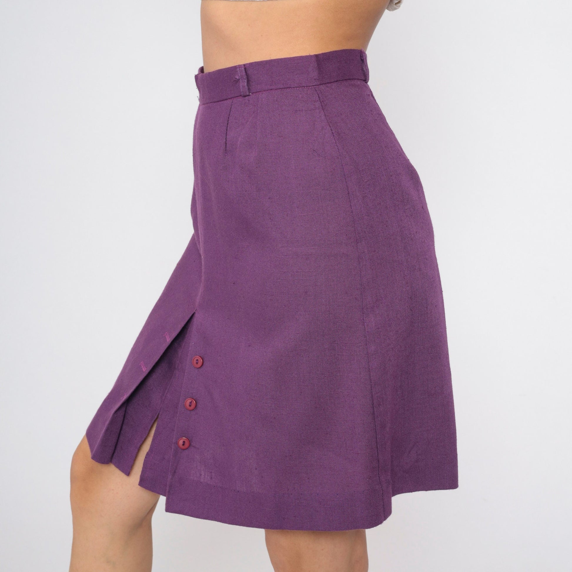 80s Purple Pencil Skirt High Waist Pleated Button Front Mini Medium