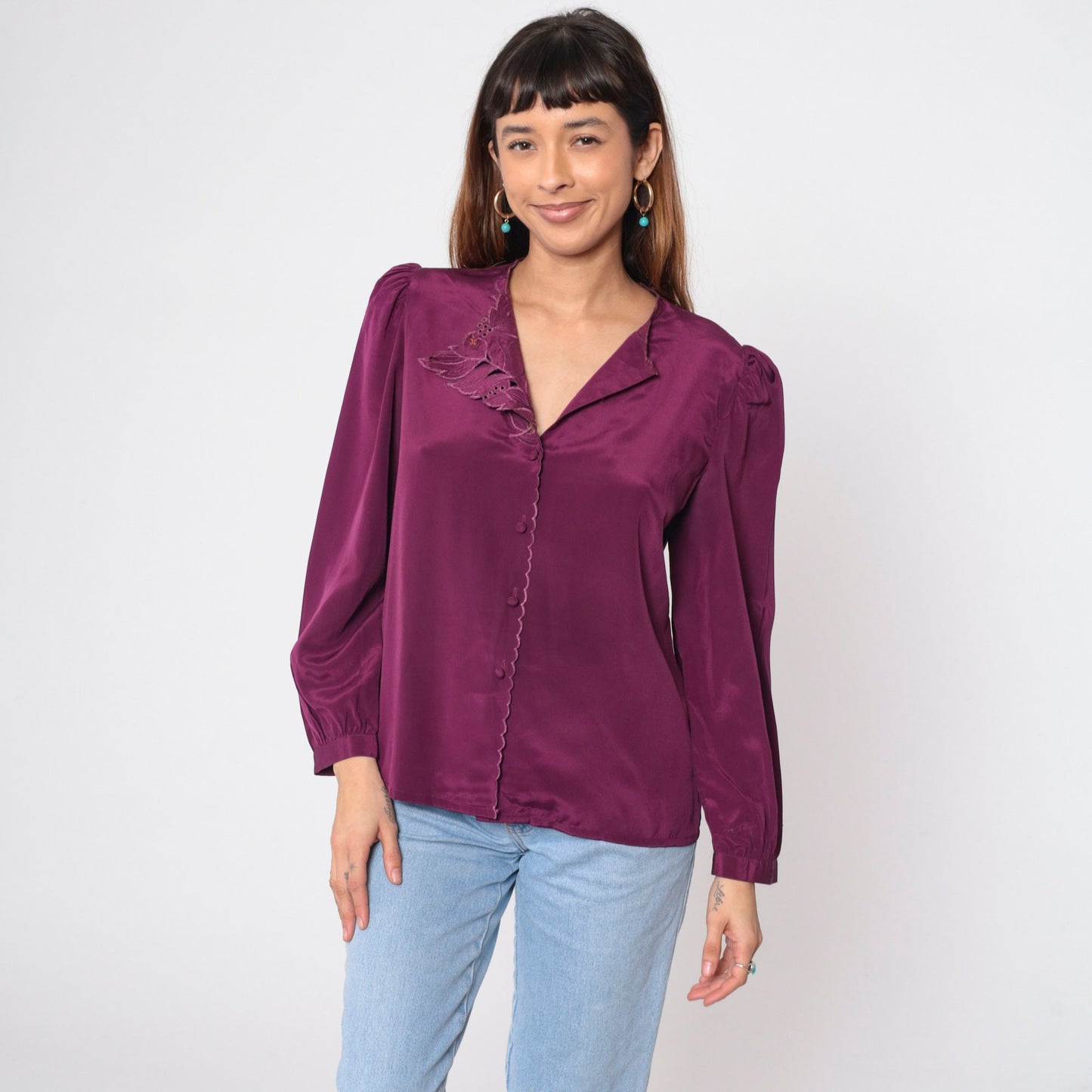 80s Purple Satin Blouse Puff Sleeve Embroidered Cutwork Button-Up Large