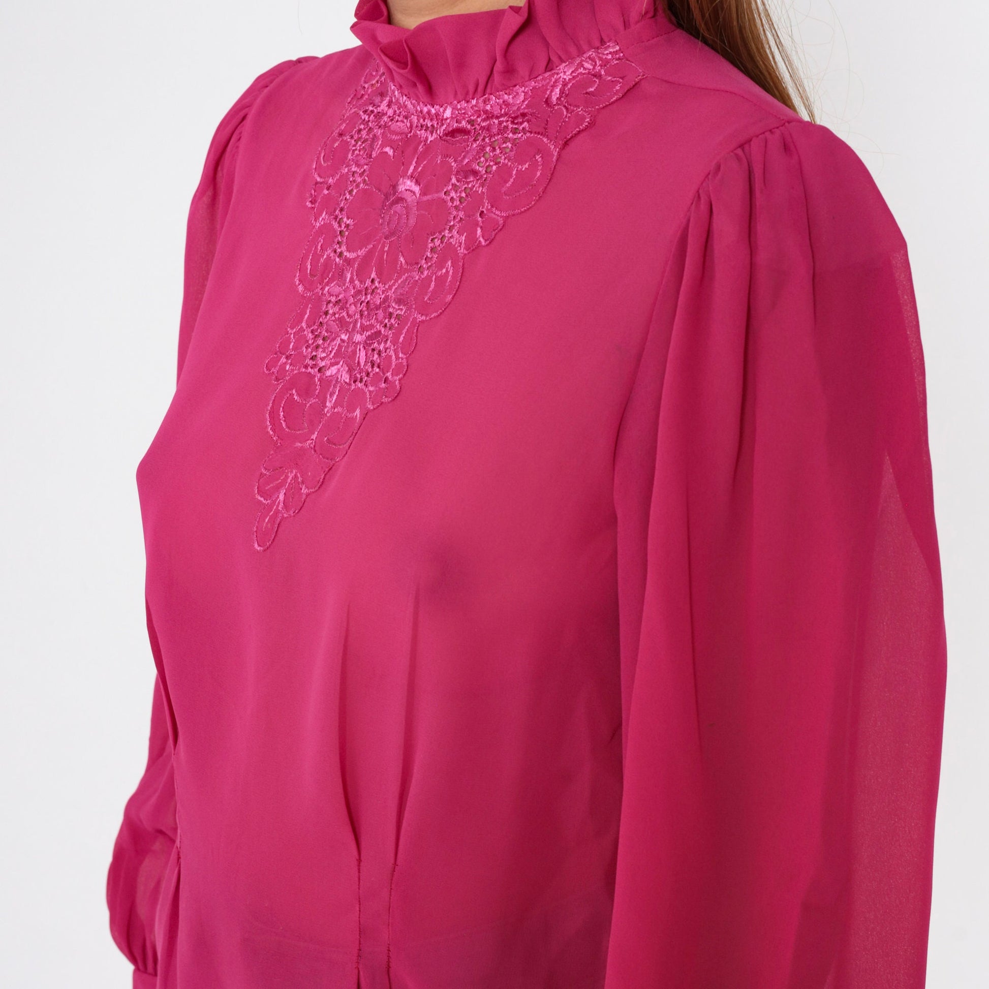 80s Fuchsia Embroidered Chiffon Blouse Puff Sleeve Floral Cutout Medium