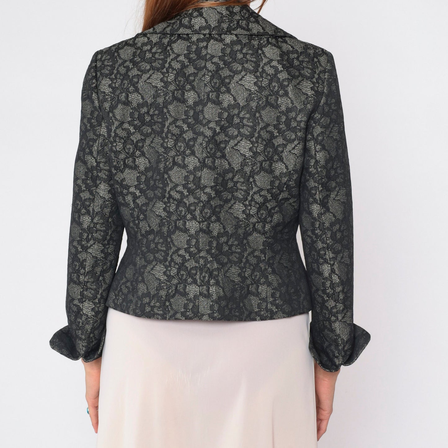 80s Le Suit Floral Lace Cropped Blazer Grey Pleated Collar Medium