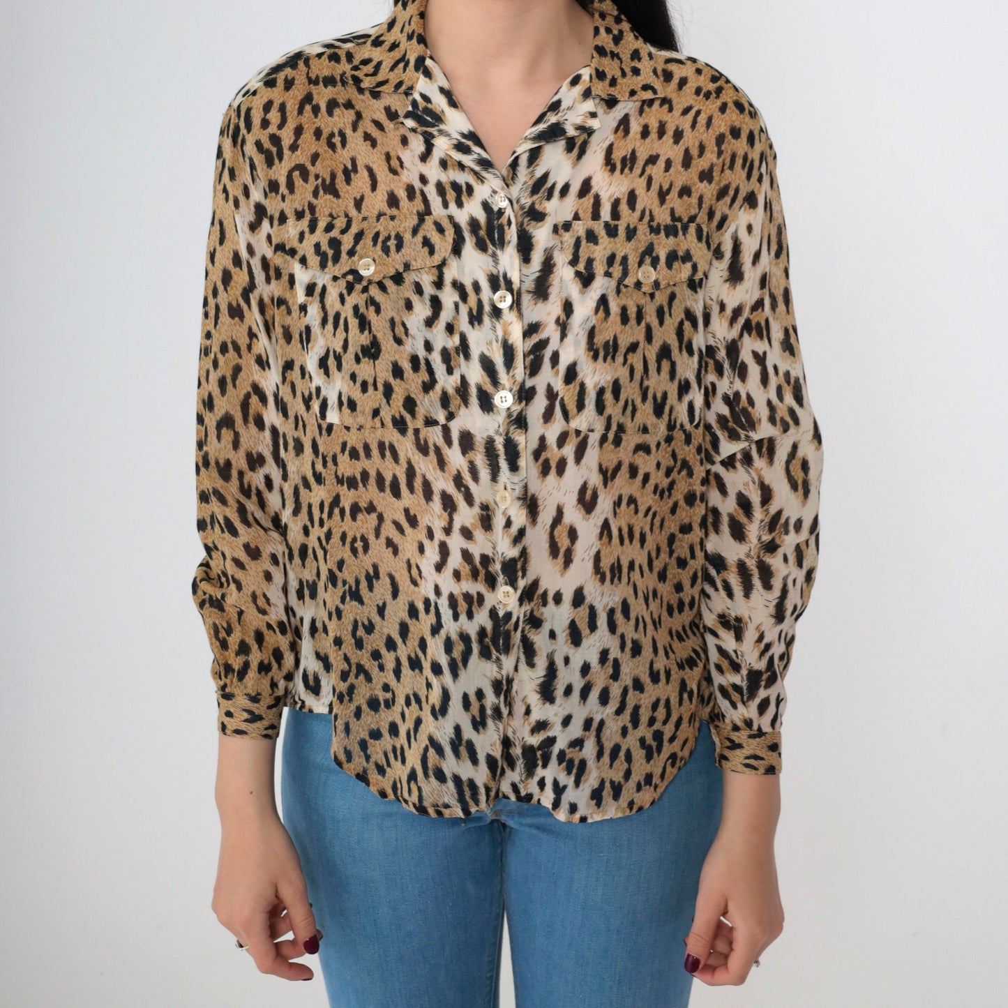 90s Leopard Print Button-Up Blouse Long Sleeve Semi-Sheer Small