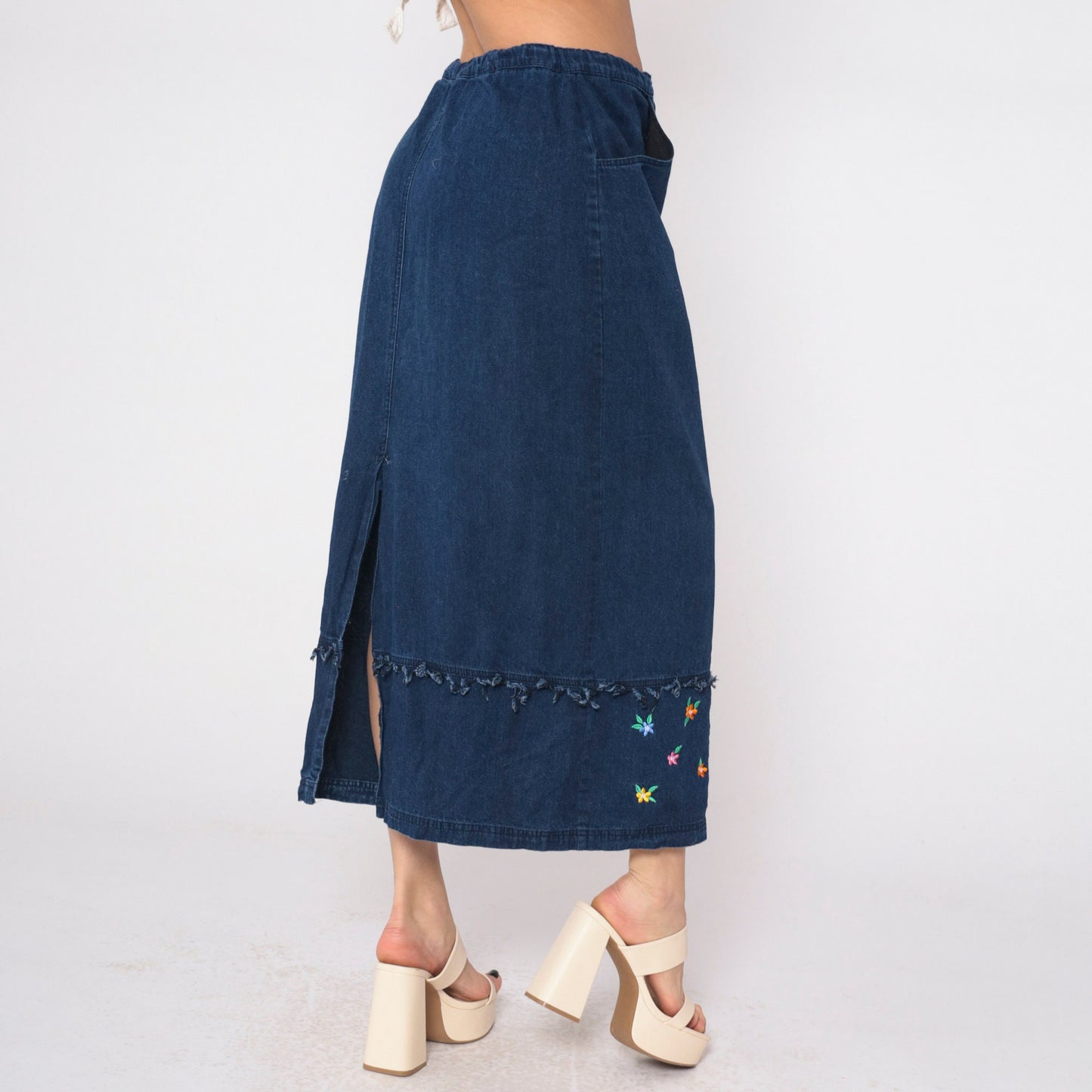00s Samantha Edwards Denim Maxi Skirt Floral Embroidered Dark Wash Large
