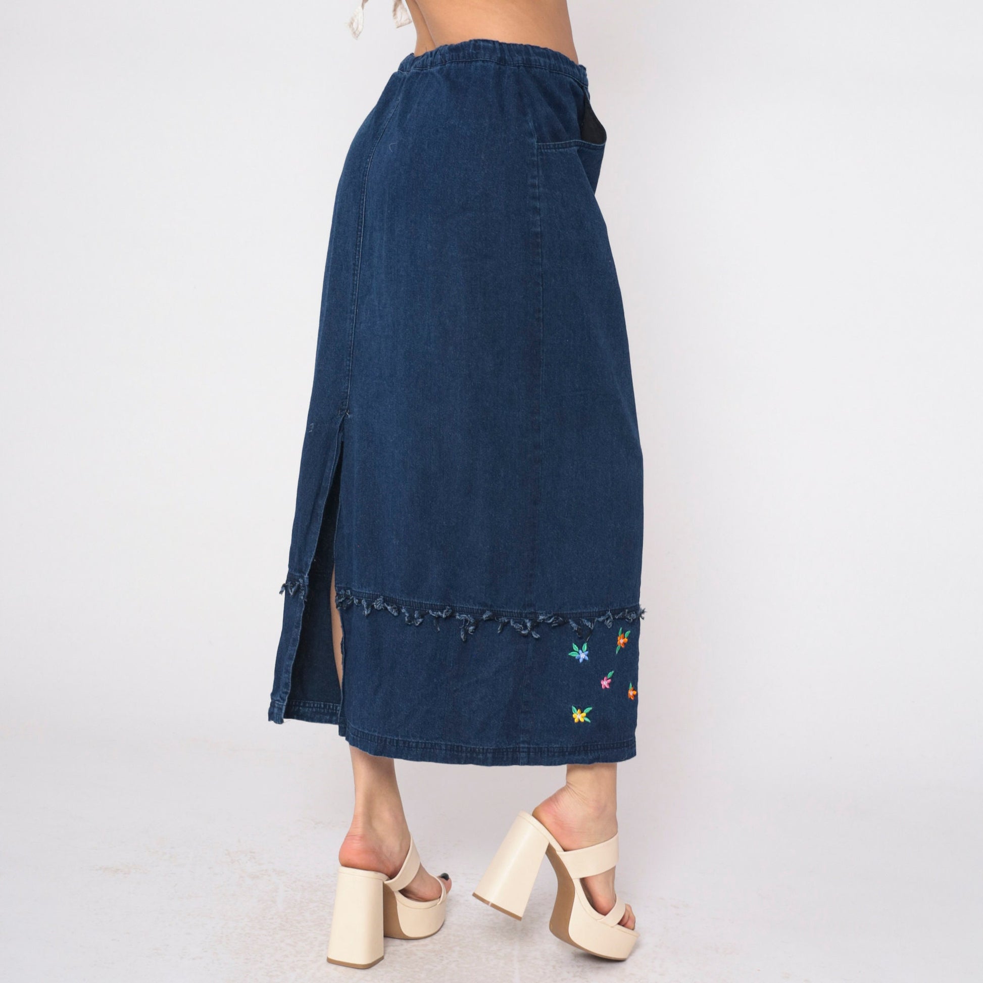 00s Samantha Edwards Denim Maxi Skirt Floral Embroidered Dark Wash Large
