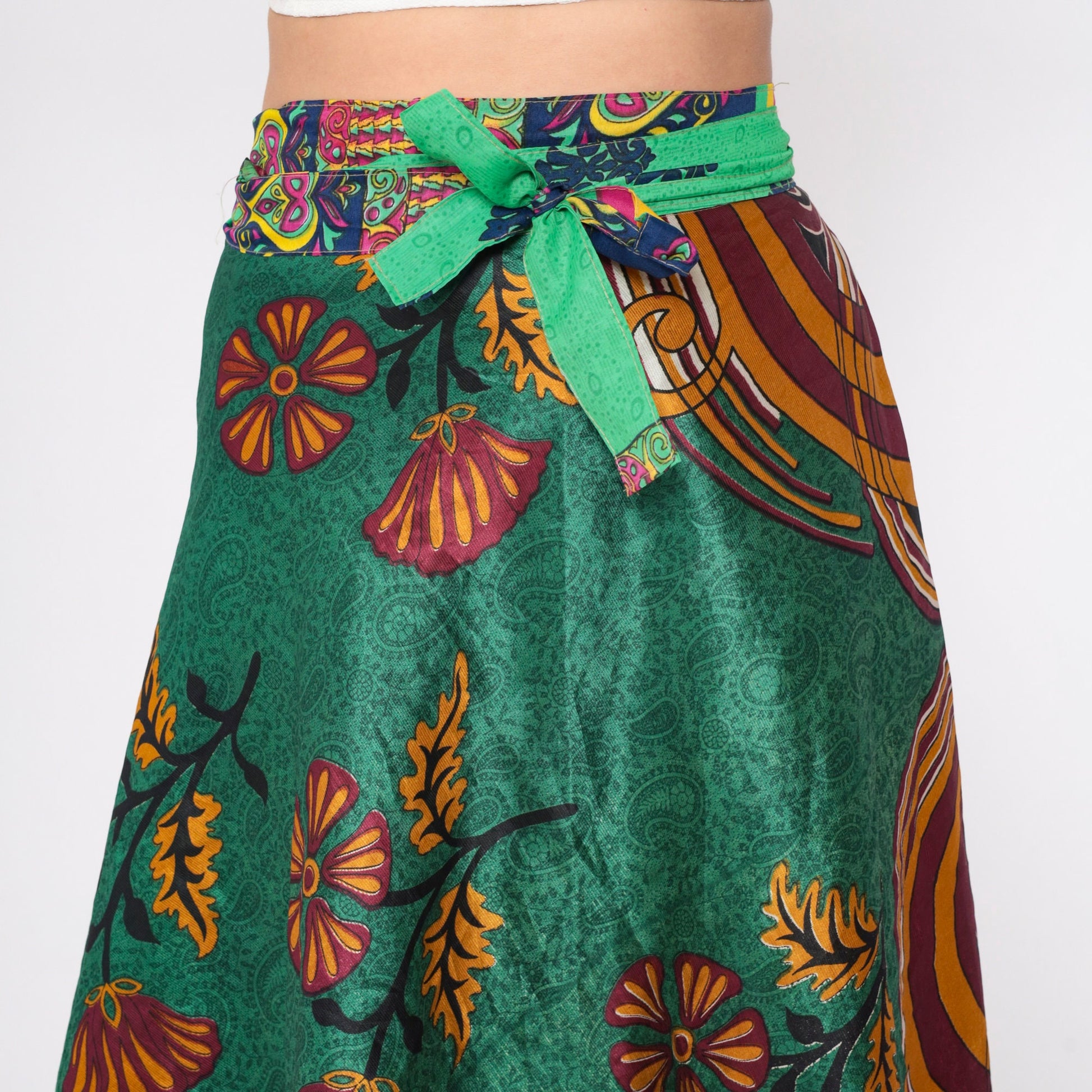 Y2K Reversible Wrap Midi Skirt Green Floral Paisley Print 00s Small Medium Large