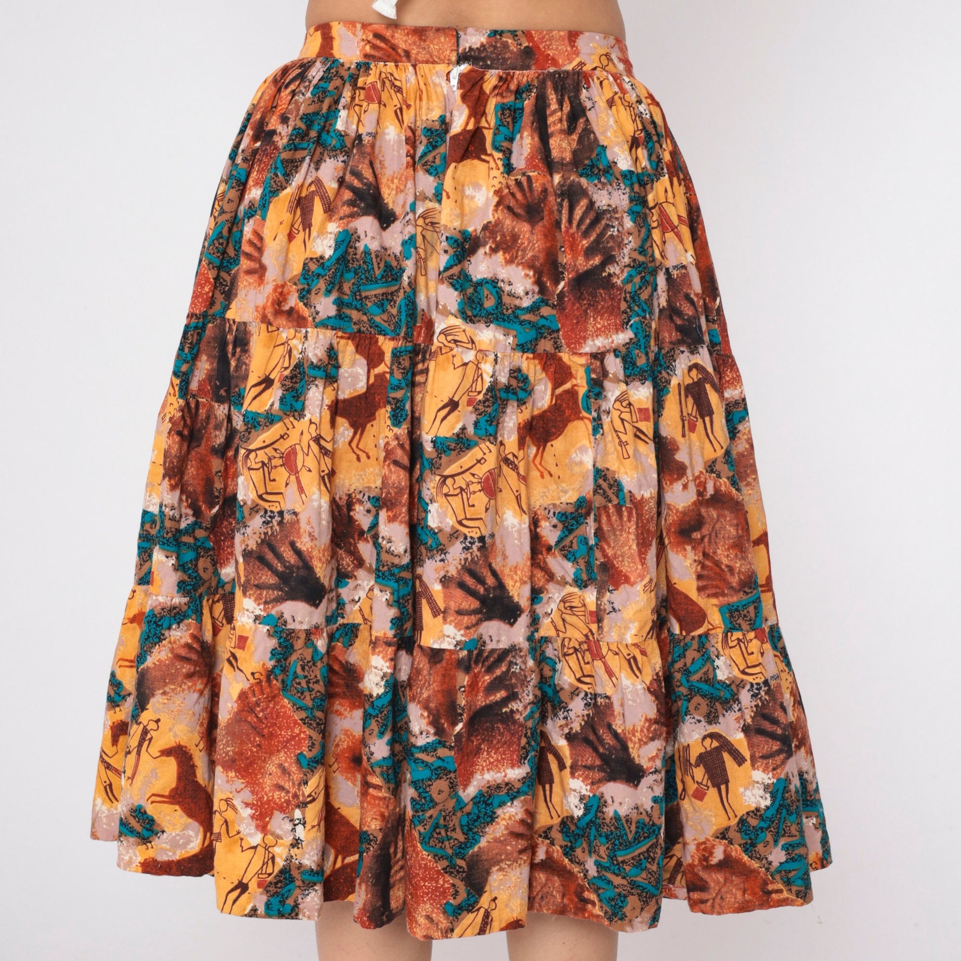 90s Tie Dye Petroglyph Tiered Midi Skirt High Waist Multicolor Cotton Medium M
