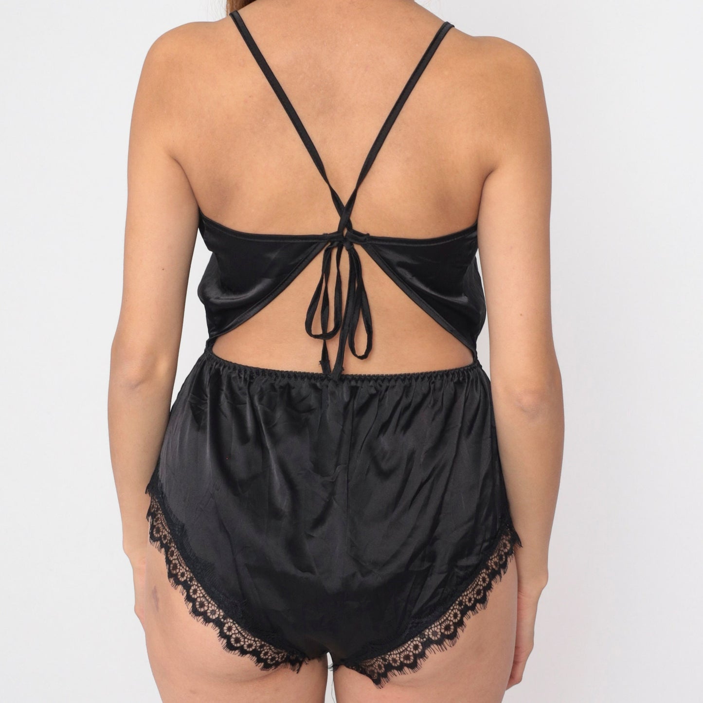 Y2K Black Eyelash Lace Teddy Romper Wrap V-Neck Peekaboo Back Medium M