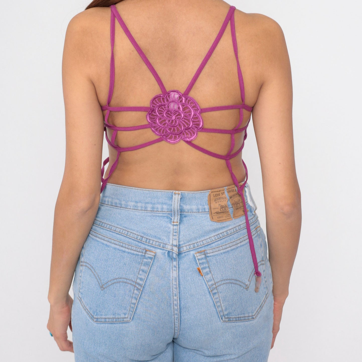 00s Shirley of Hollywood Purple Mesh Bustier Bralette Cage Back Garter Straps Small Medium