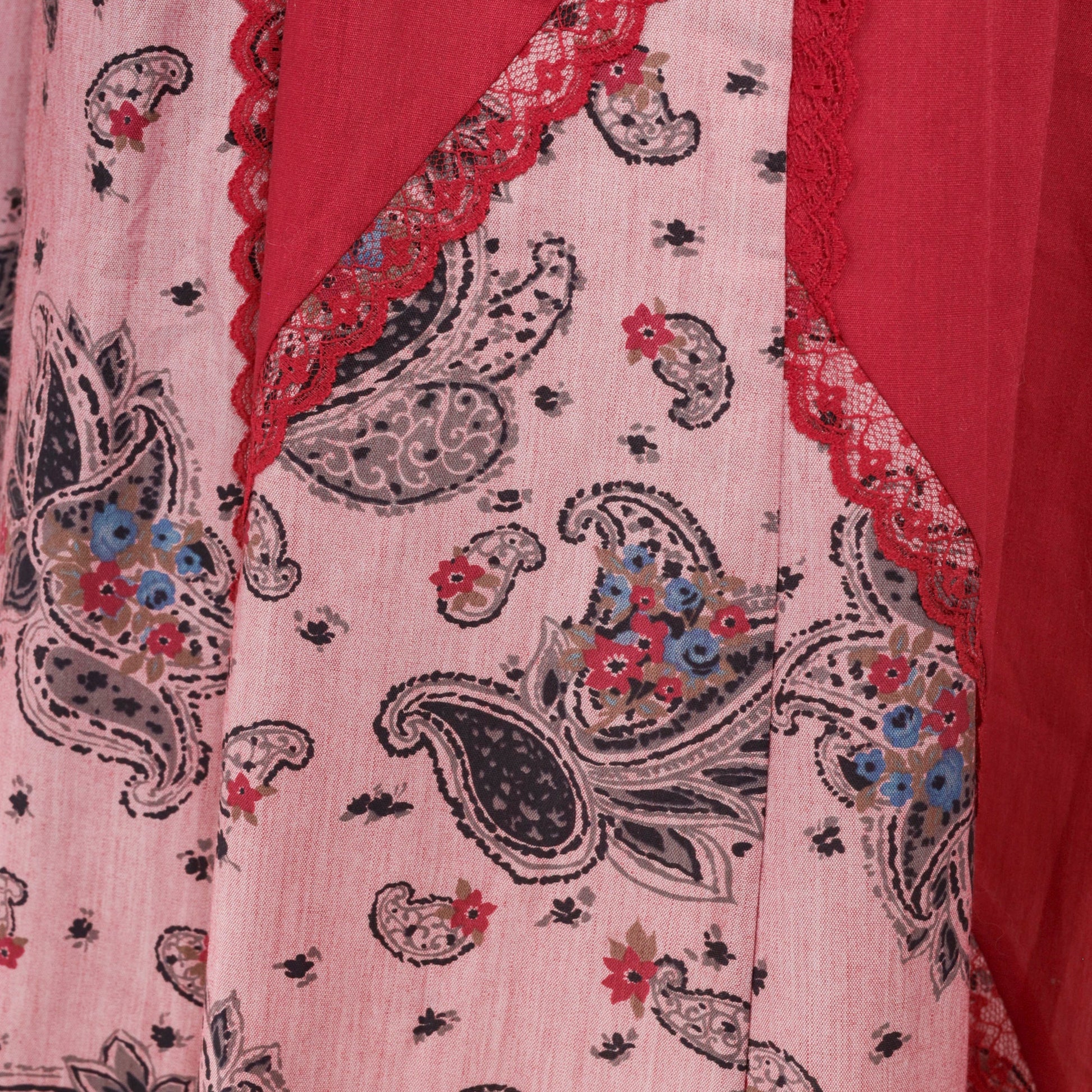 80s Red Paisley Midi Skirt Lace Trim High Waist Elastic Cotton Large