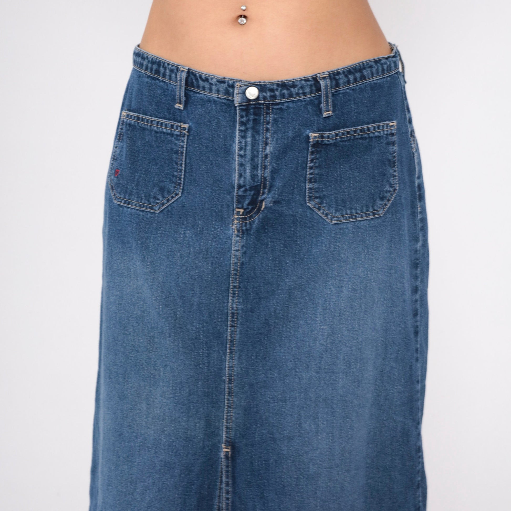 Y2K Roxy Low Rise Denim Maxi Skirt Blue Front Slit Large