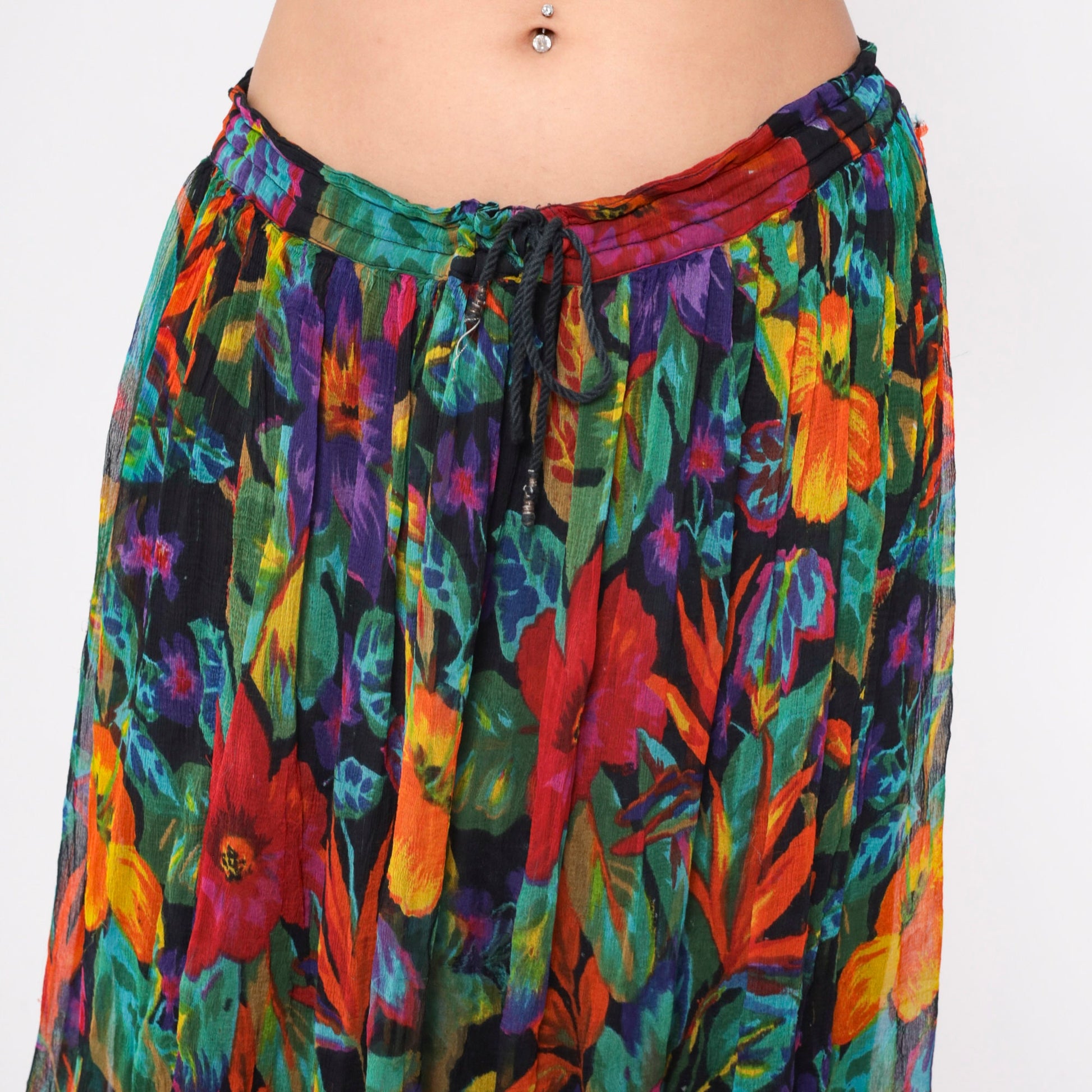 90s Tropical Floral Maxi Skirt Pleated Drawstring Waist Cotton Small Medium Large