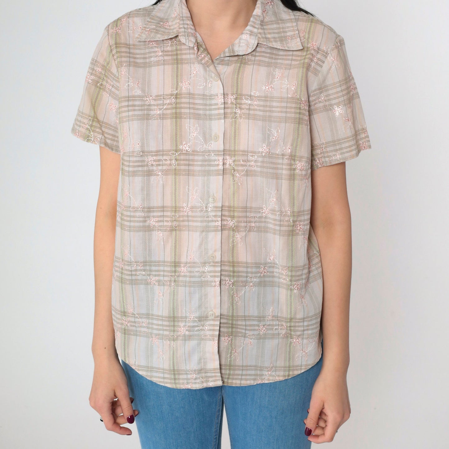 90s Plaid Floral Eyelet Button Up Blouse Short Sleeve Peach White Green Medium