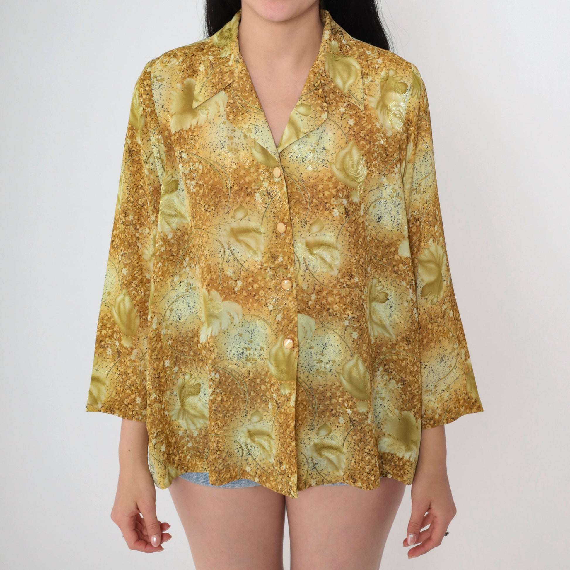 90s Embossed Floral Button-Up Blouse Long Sleeve Green Yellow Pointed Collar Medium