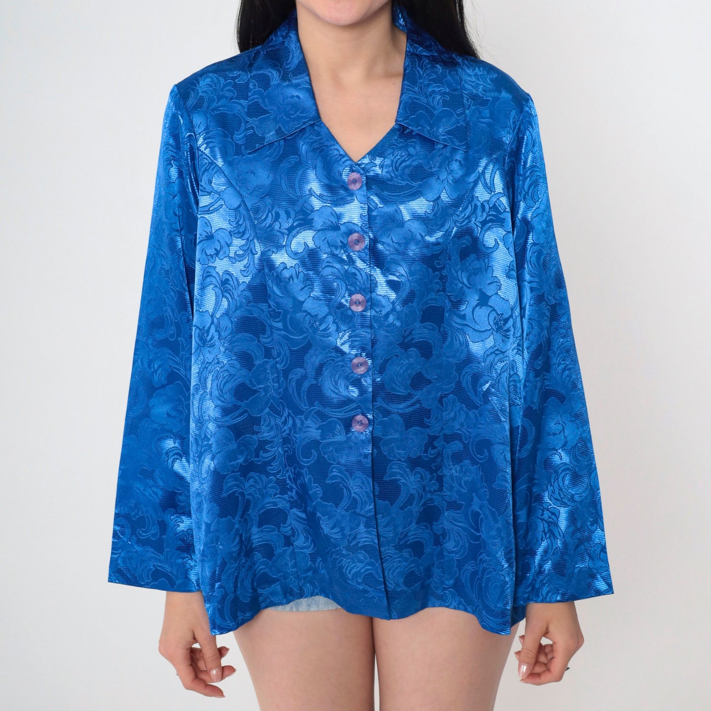 90s Blue Satin Floral Embossed Button-Up Blouse Princess Seam Long Sleeve Large L
