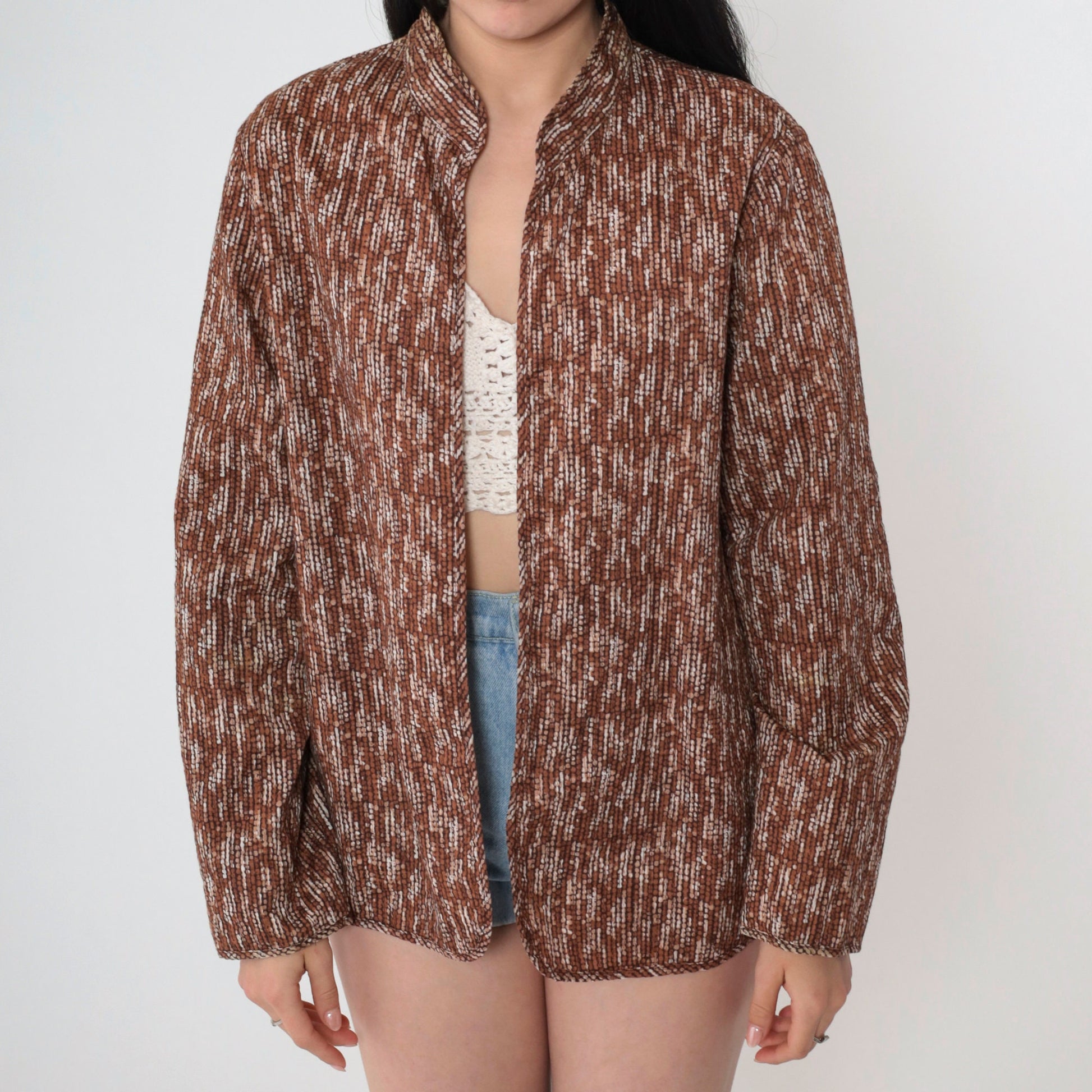 Y2K Reversible Tropical Leopard Floral Jacket Dot Print Mandarin Collar Medium M