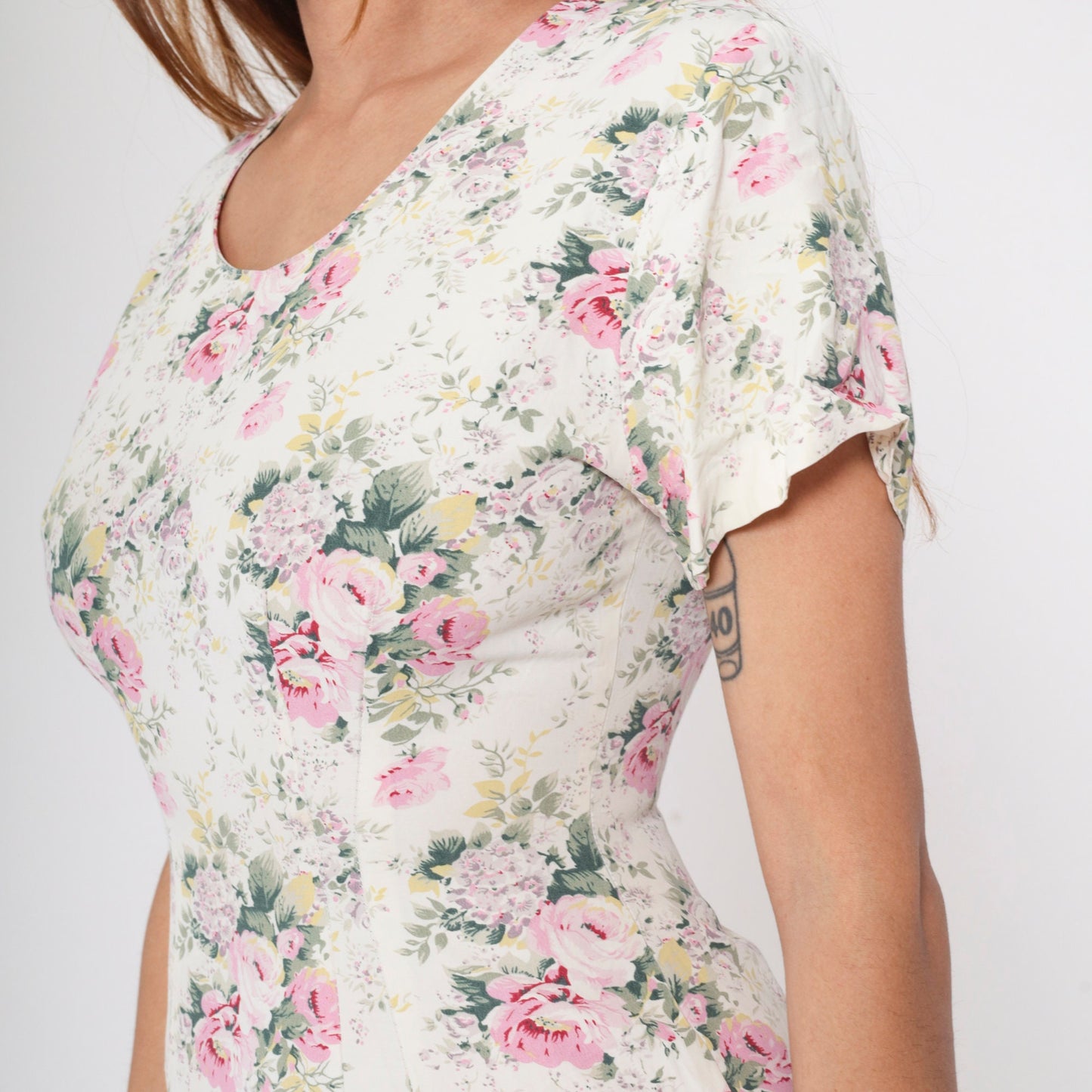 90s Cream Floral Mini Dress Rose Print Short Sleeve Pencil Extra Small XS