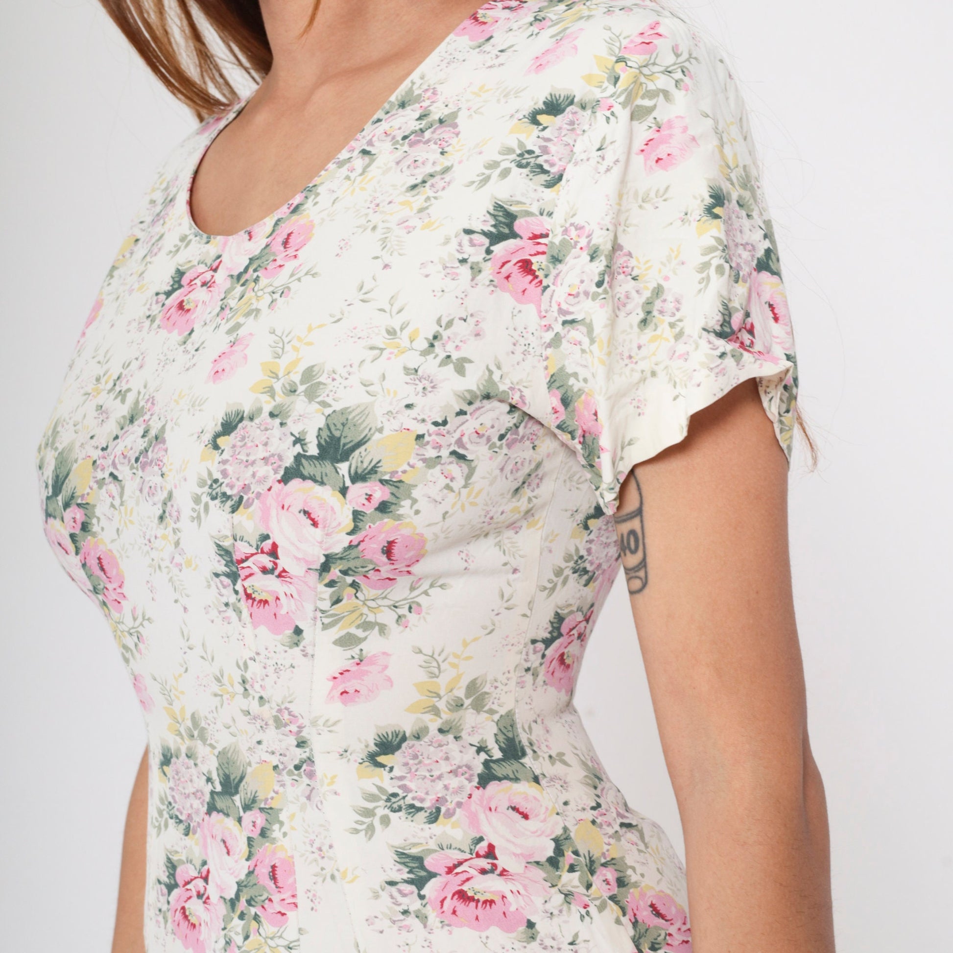 90s Cream Floral Mini Dress Rose Print Short Sleeve Pencil Extra Small XS