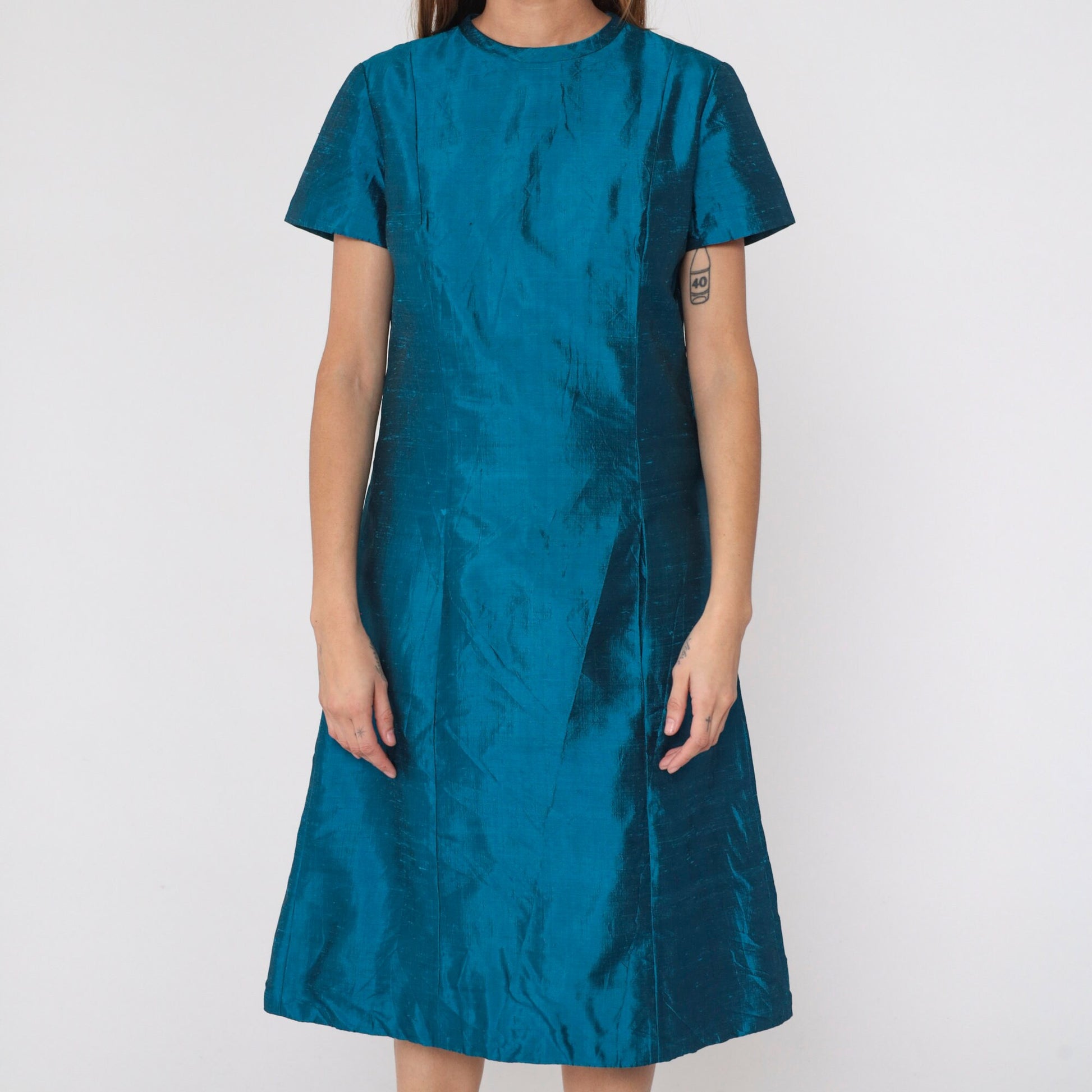 60s Iridescent Blue Silk Midi Dress A-Line Short Sleeve Medium