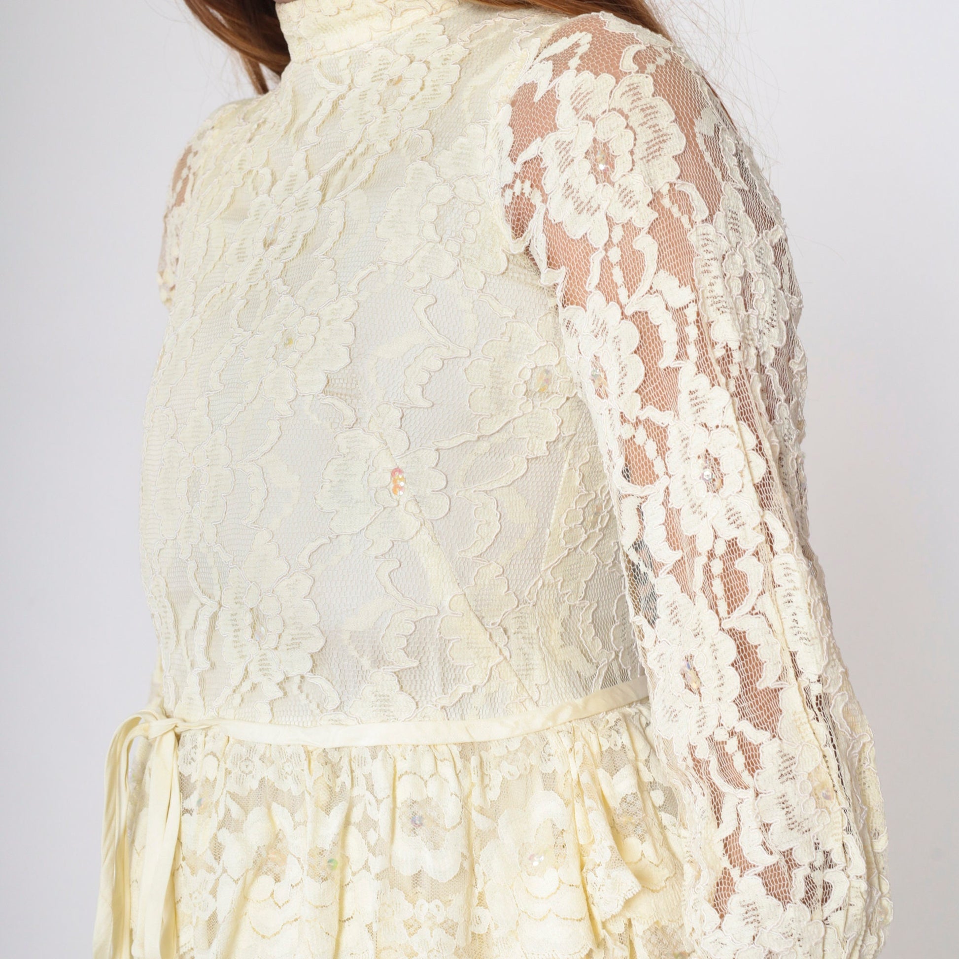 1960s Cream Floral Lace Midi Dress Puff Sleeve High Waist Tiered Ruffle XXS