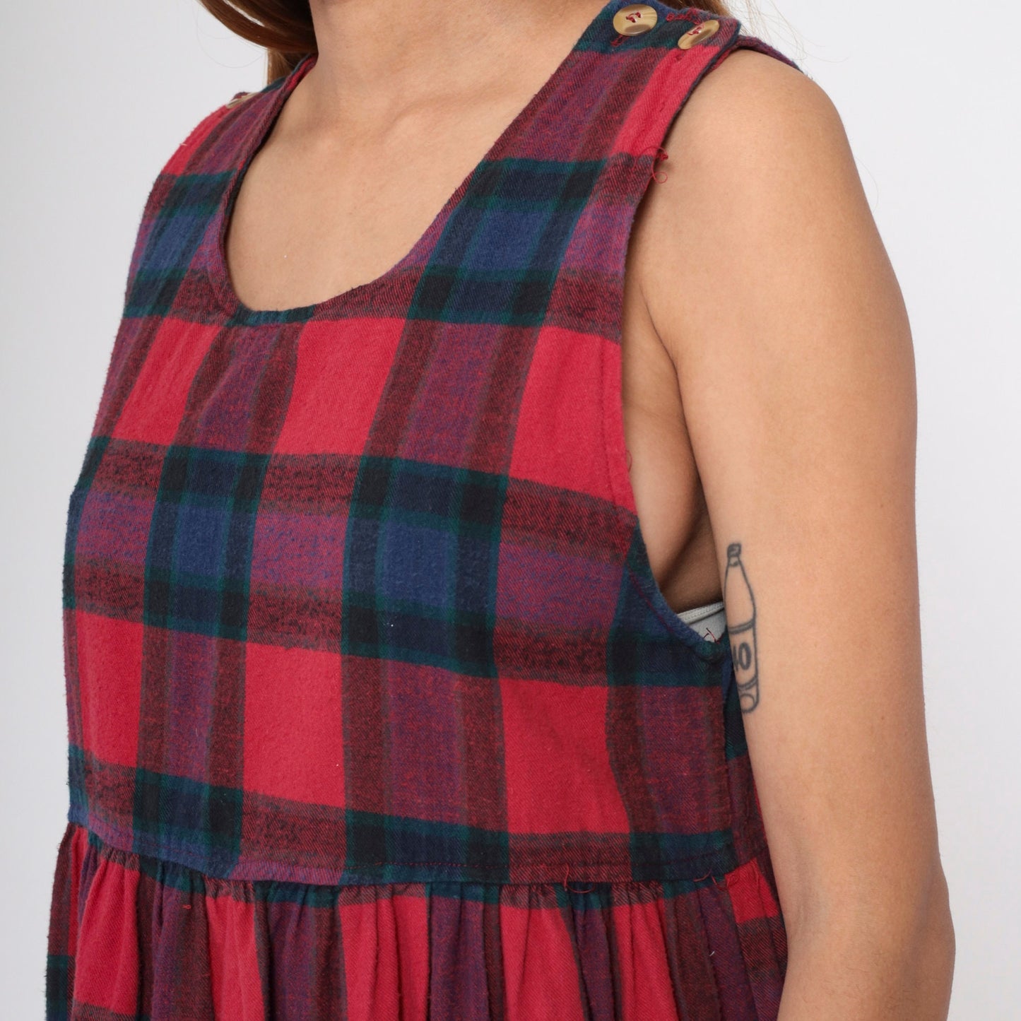 90s Plaid Midi Jumper Dress Button Straps Empire Waist Red Blue Checkered Small