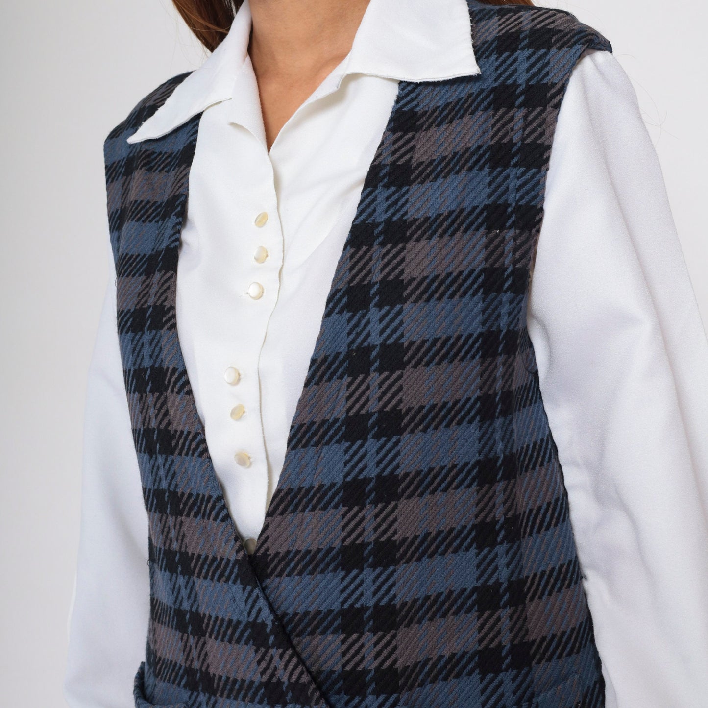 80s Bill Blass Plaid Wool Vest Double Breasted Blue Grey Small